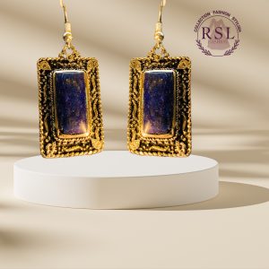 Dark Blue Lapis & Gold Nugget Rectangle Earrings