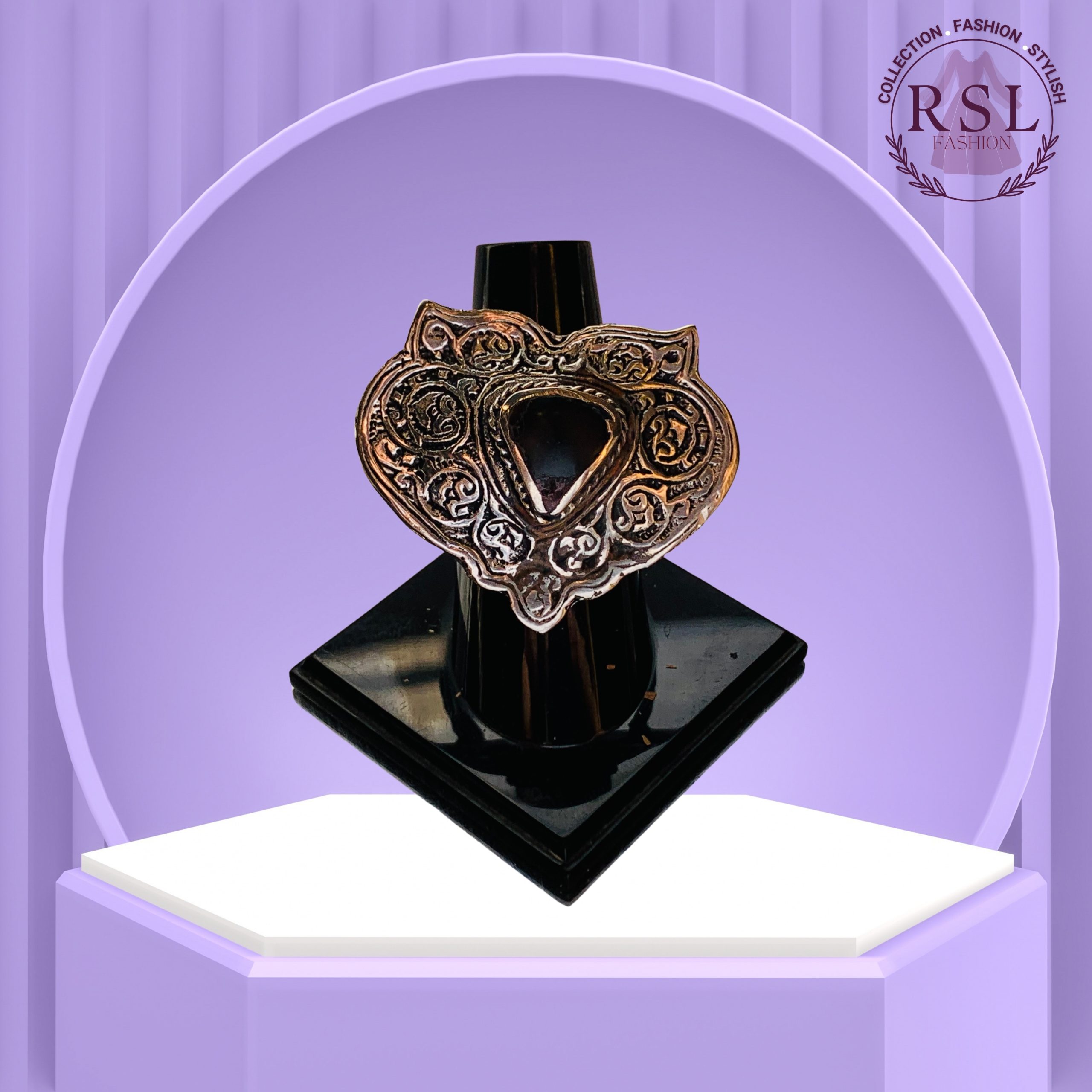 Black Heart Afghan Ring with Antique Engraved Frame