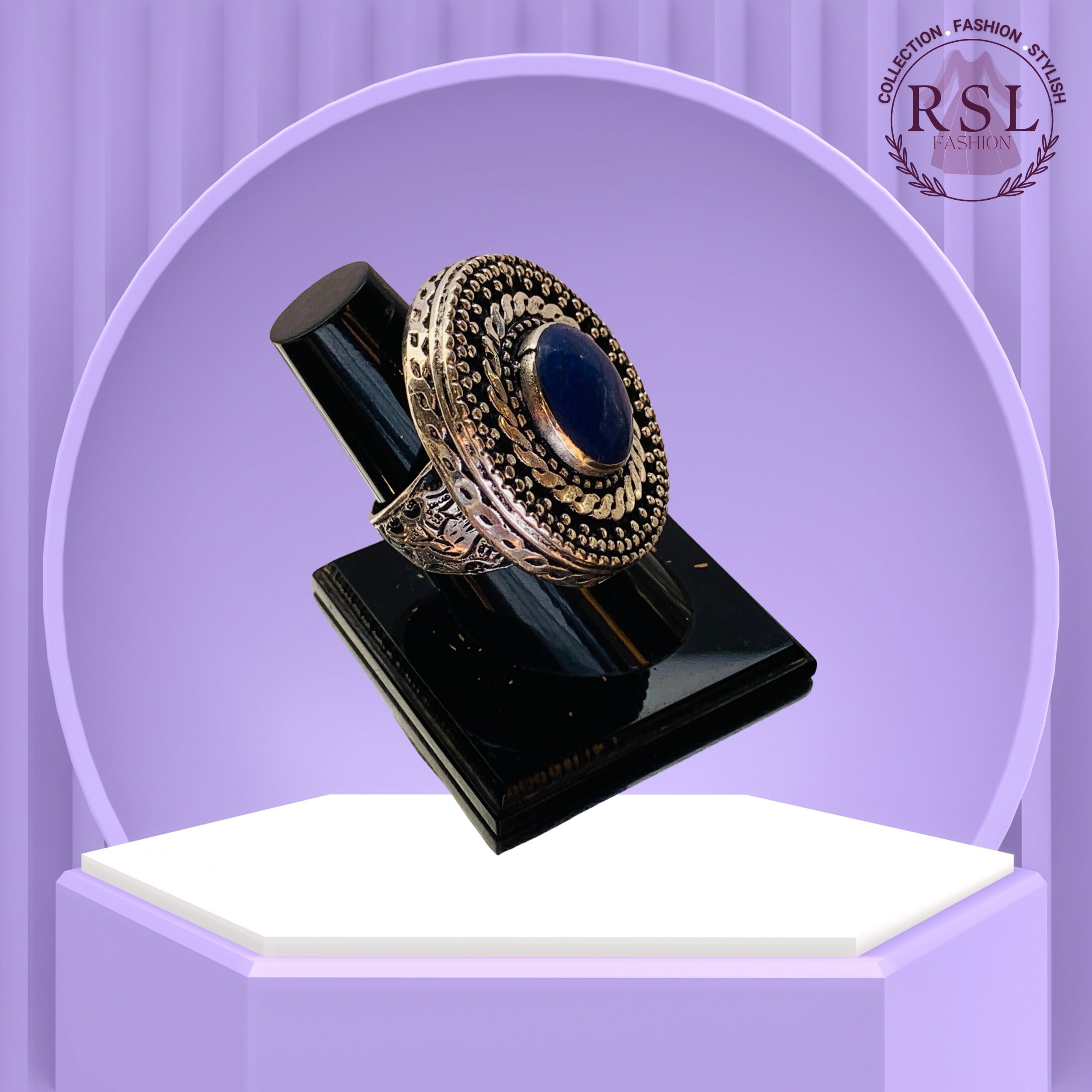 Dark Blue Round Afghan Ring with Antique Dotted Frame