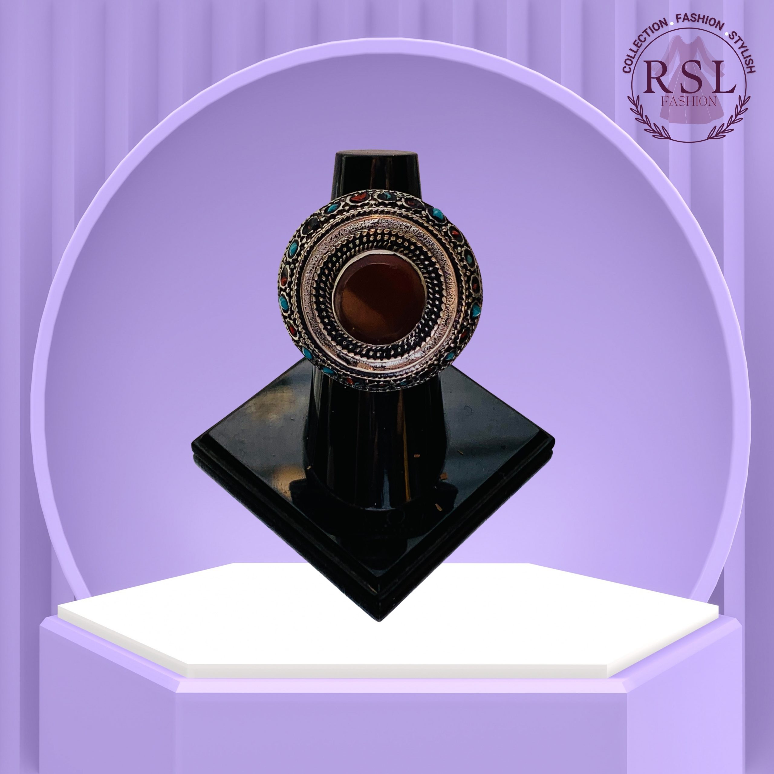 Brown Round Afghan Ring Antique Frame with Multicolor Inlays