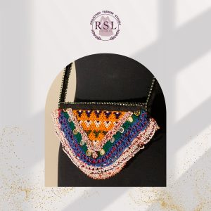 Chevron Charm Afghan Coin Handbag with Mirror Work & Beaded Fringe