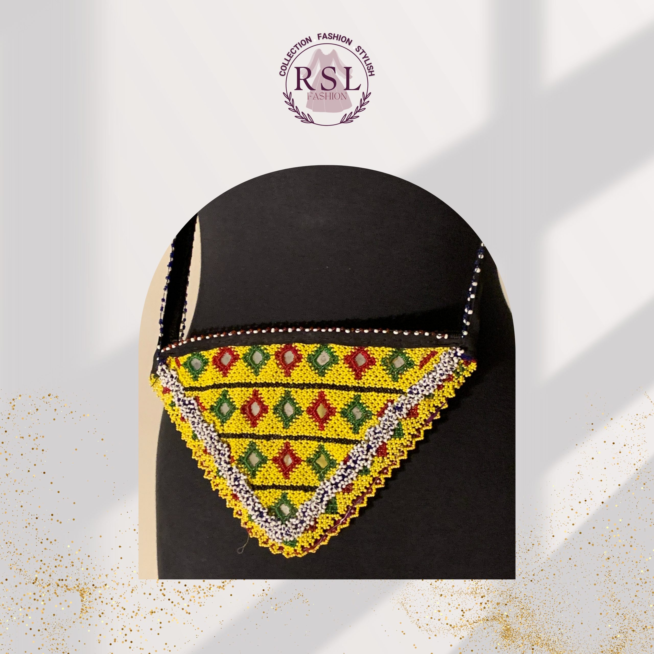 Afghan Beaded Handbag – Red & Green Eye Diamond Pattern on Yellow Base