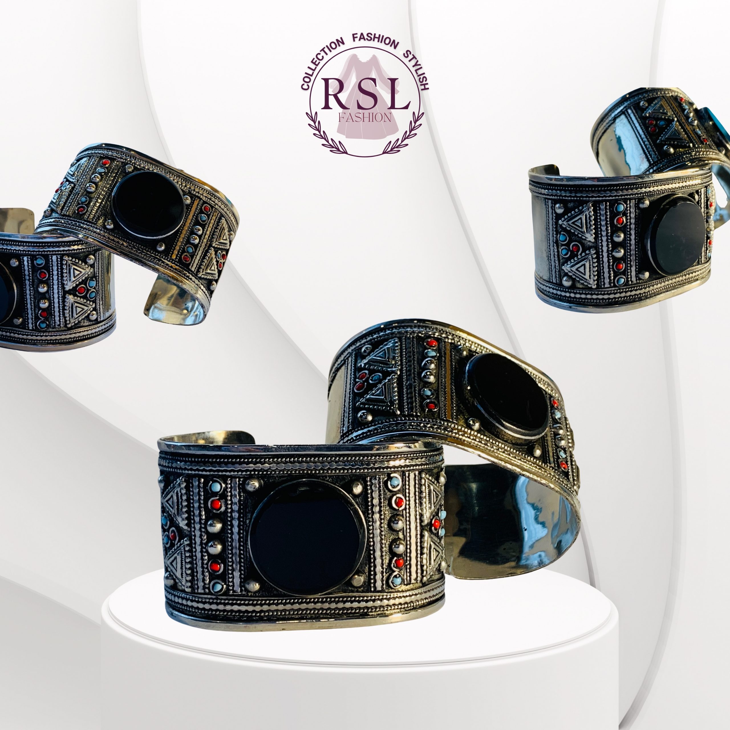 Afghan Brass Bangle with Onyx, Turquoise & Coral Dance Motif