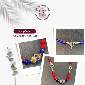 Afghan Ethnic Tribal Blue and Red Brass Necklace