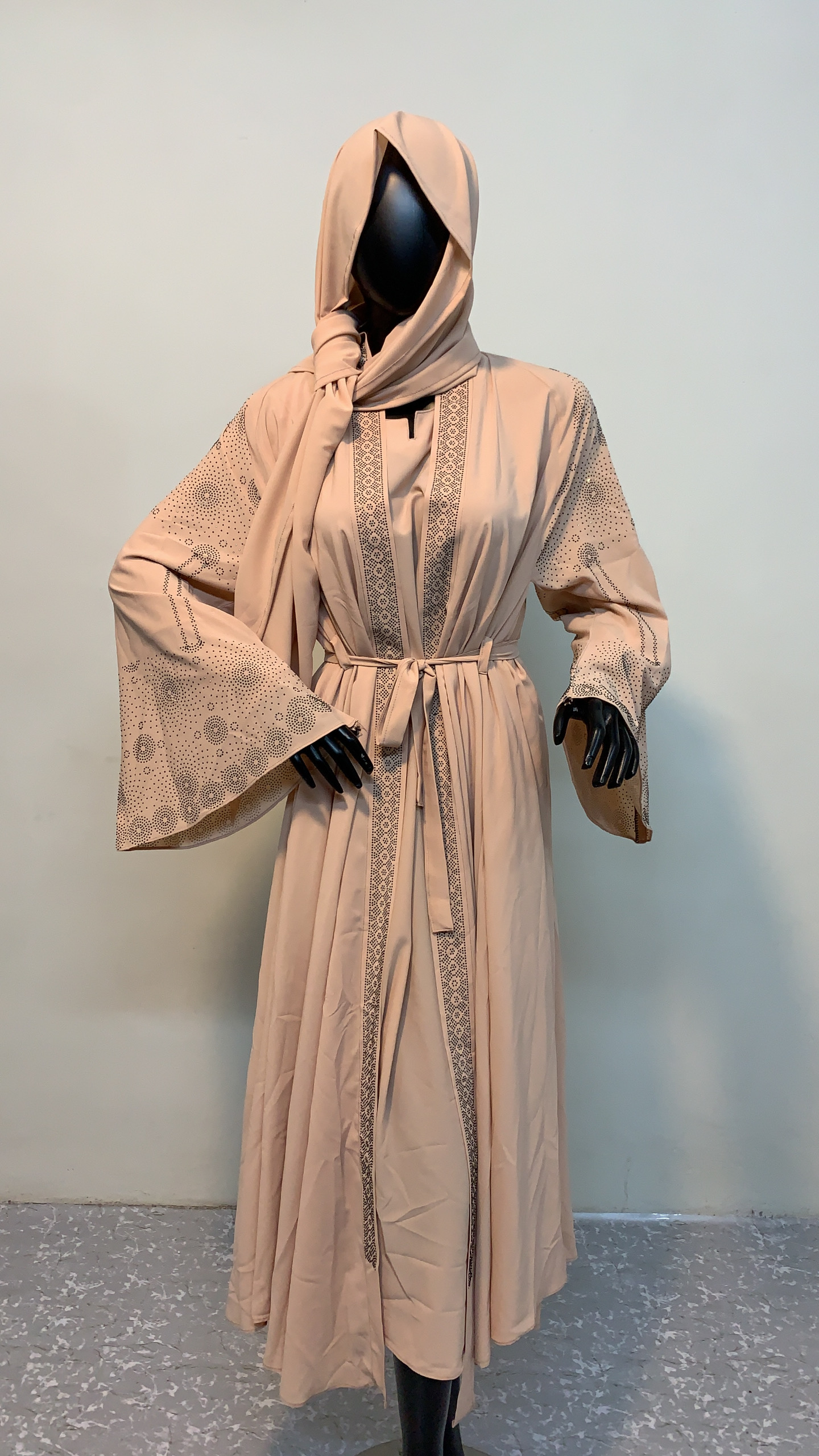 Embroidered Beige Abaya with Belt & Hooded Hijab - Image 2