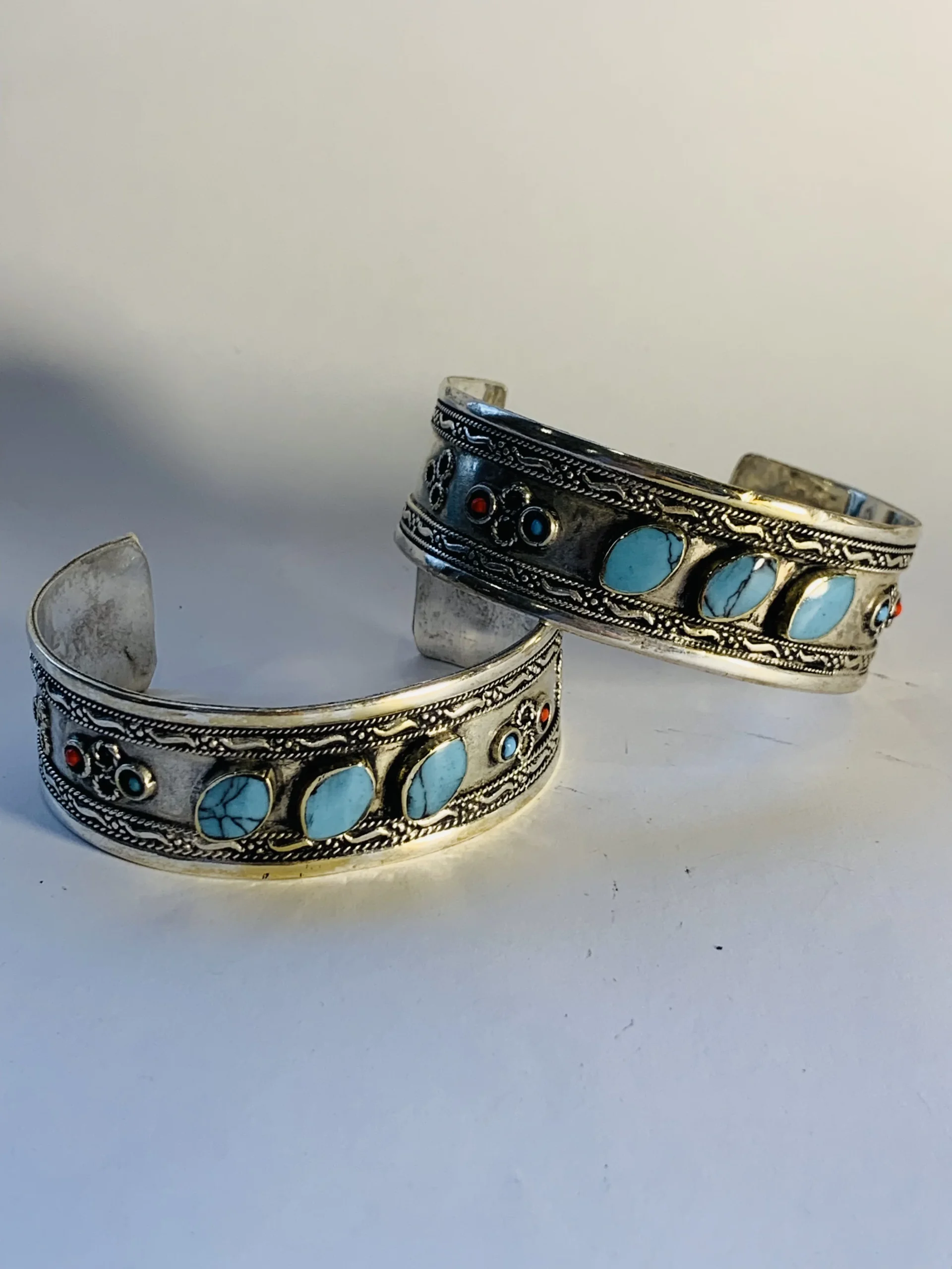 Tibetan Silver Turquoise & Coral Cuff Bracelet - Image 4