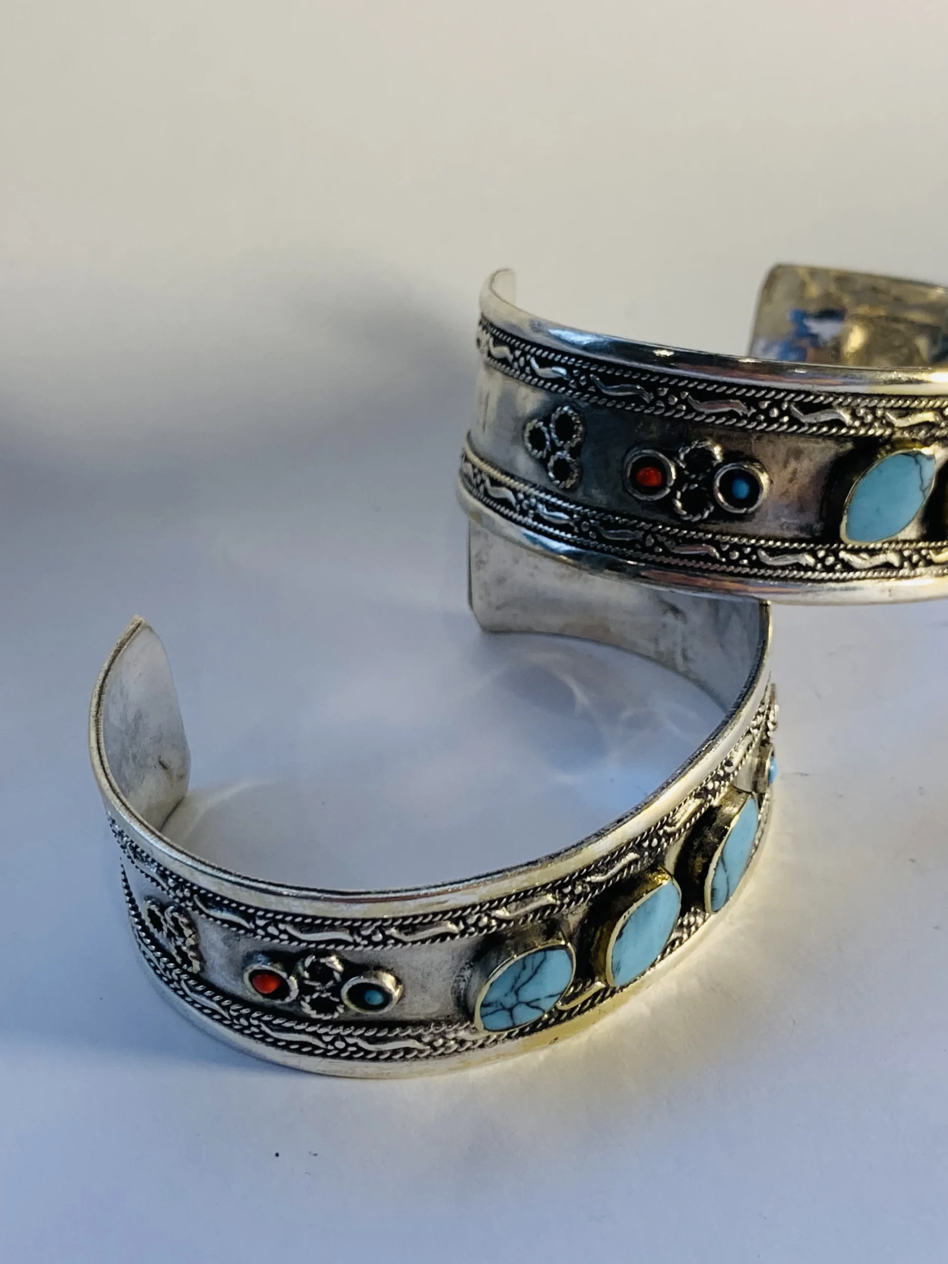 Tibetan Silver Turquoise & Coral Cuff Bracelet - Image 3