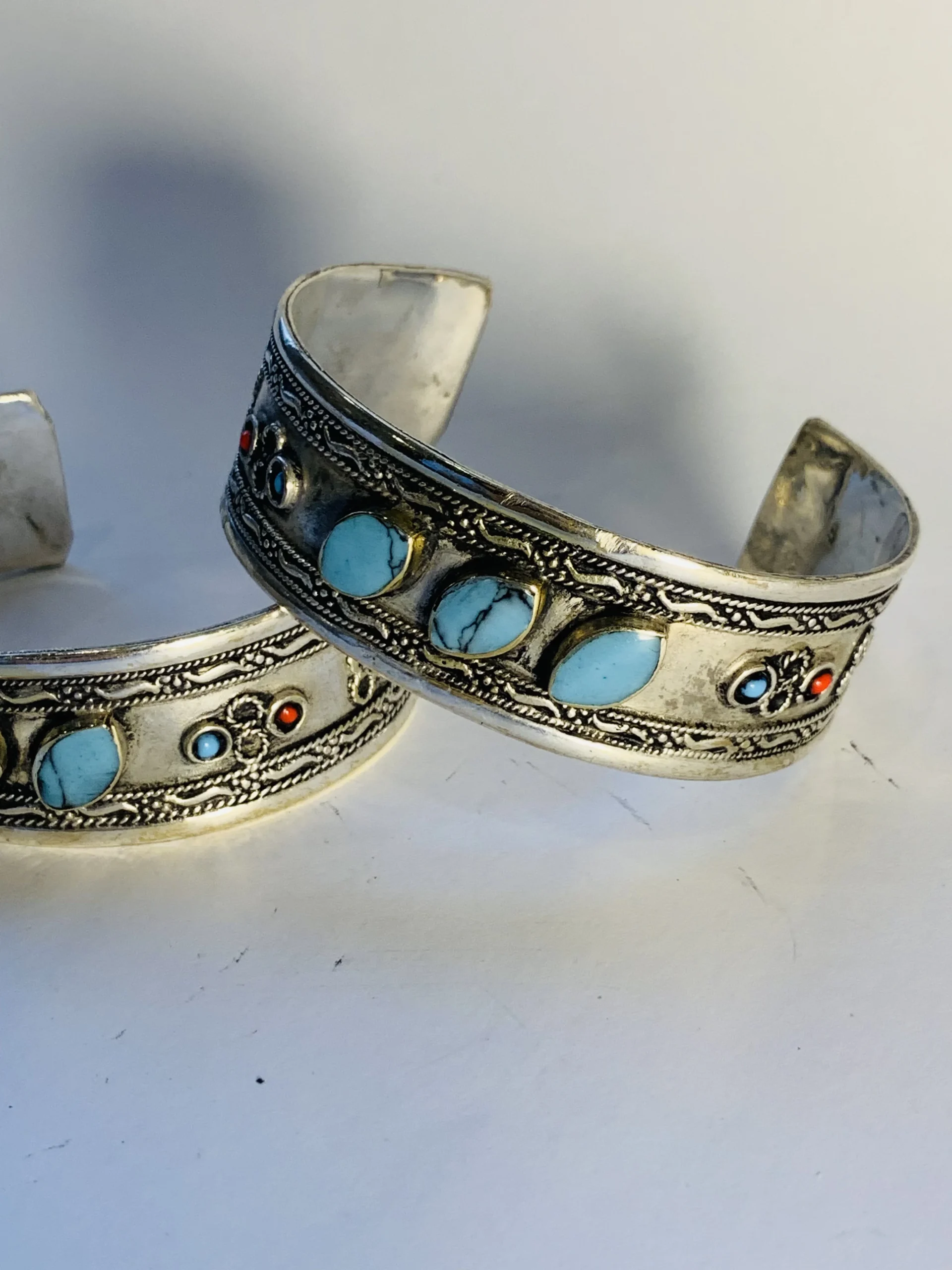 Tibetan Silver Turquoise & Coral Cuff Bracelet - Image 2