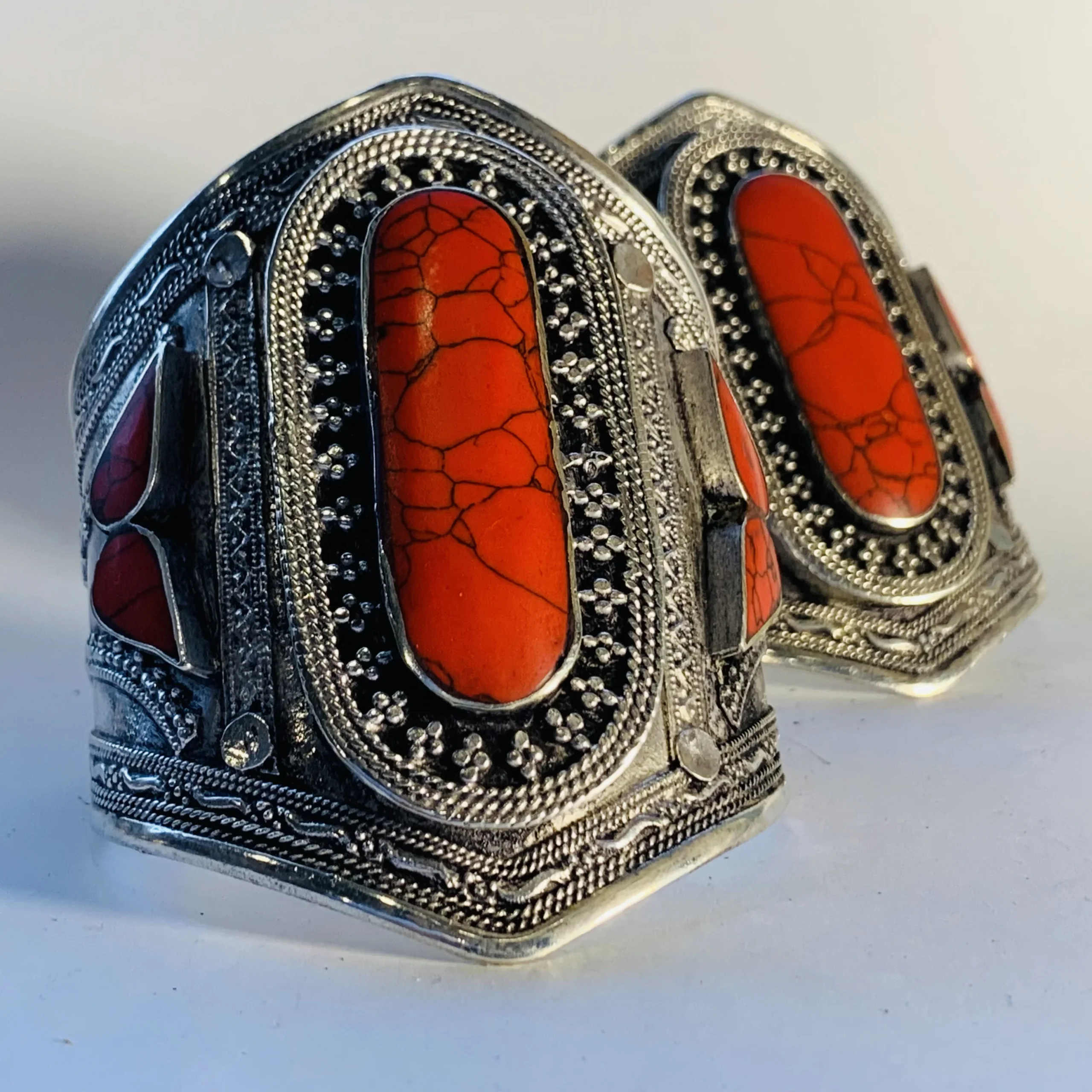 Afghan Bracelet with Synthetic Red Coral Stone - Image 3