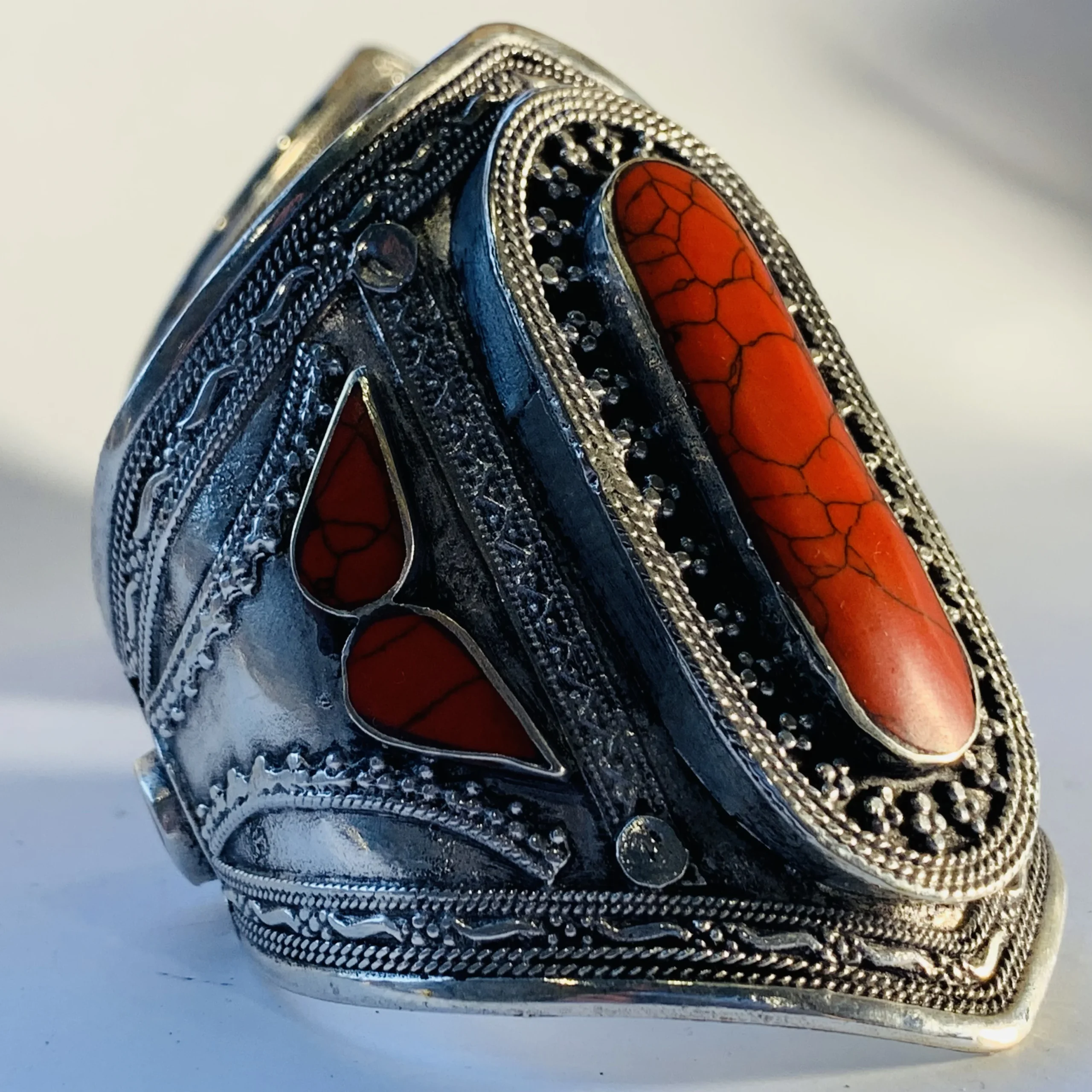 Afghan Bracelet with Synthetic Red Coral Stone - Image 2