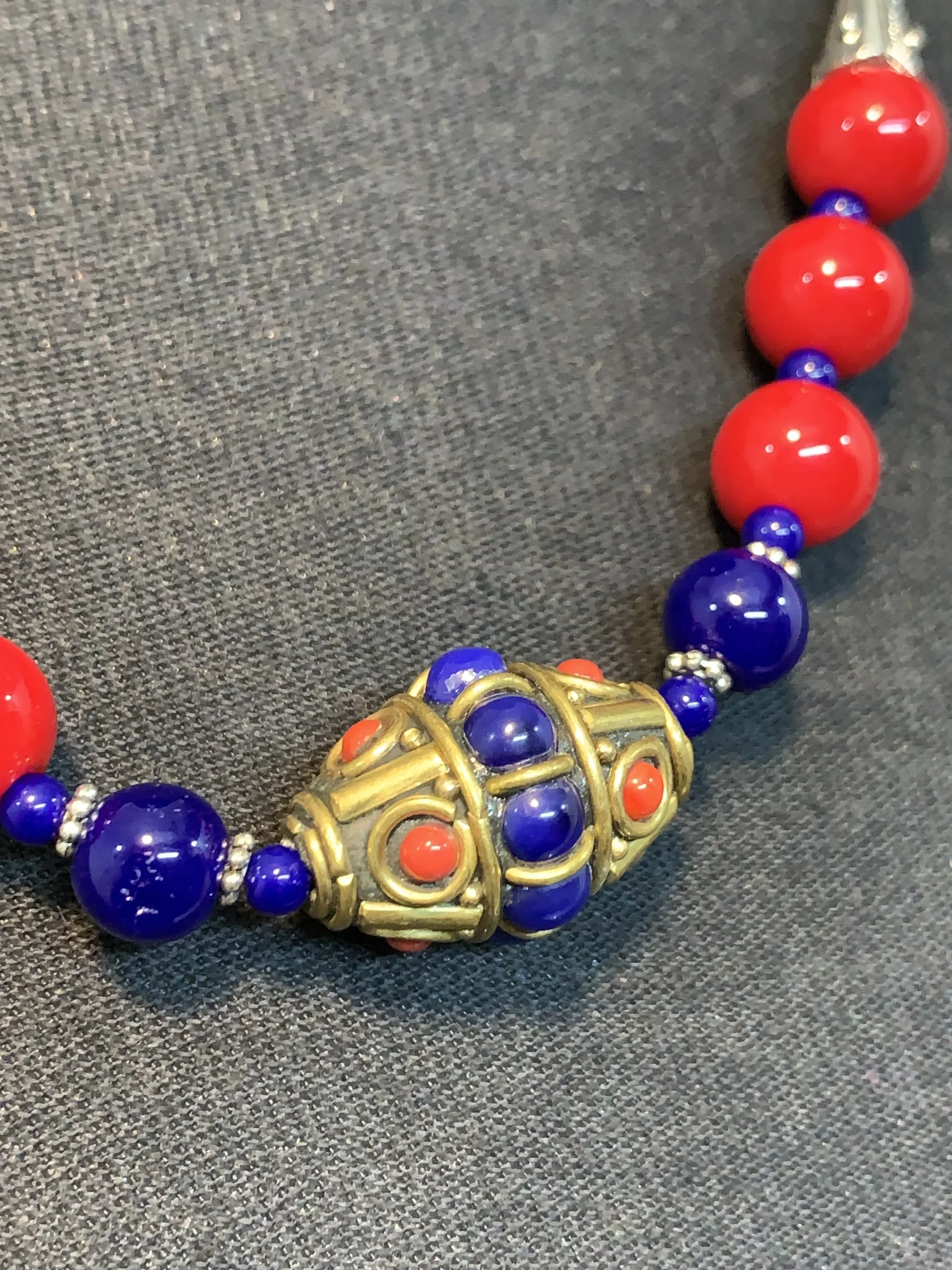 Afghan Ethnic Tribal Blue and Red Brass Necklace - Image 2