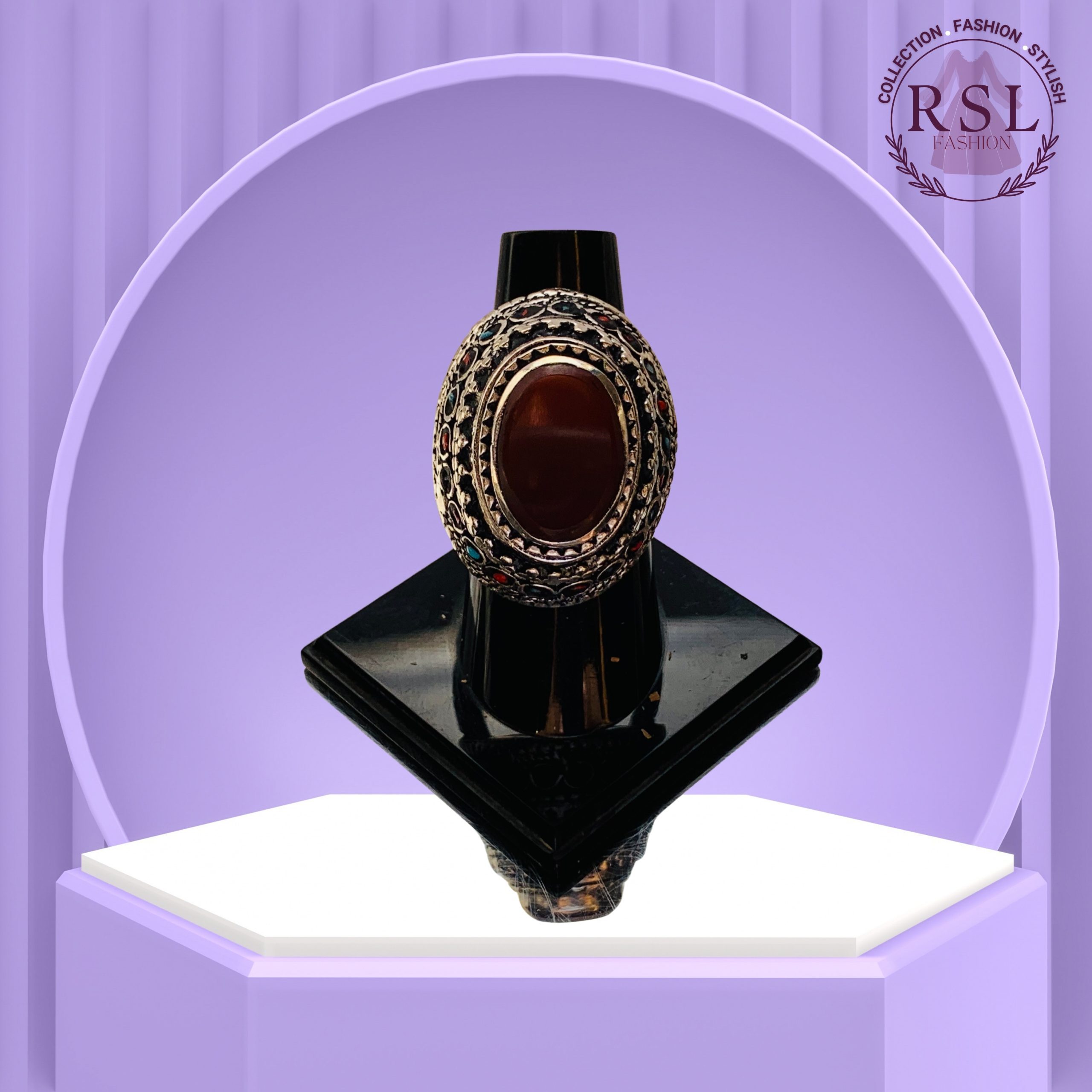 Carnelian Oval Kuchi Ring with Tribal Multistone Frame