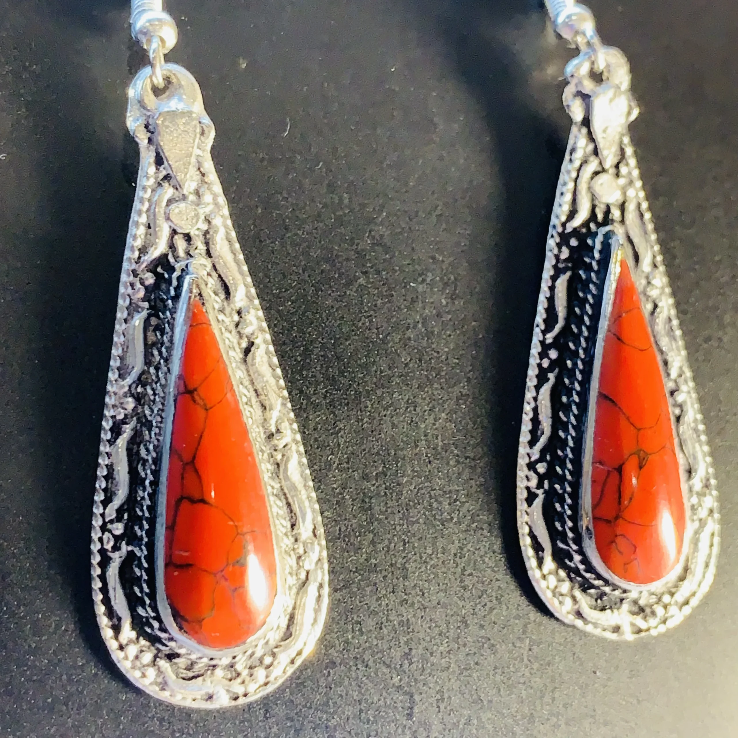 Red Coral Teardrop Earrings - Image 2