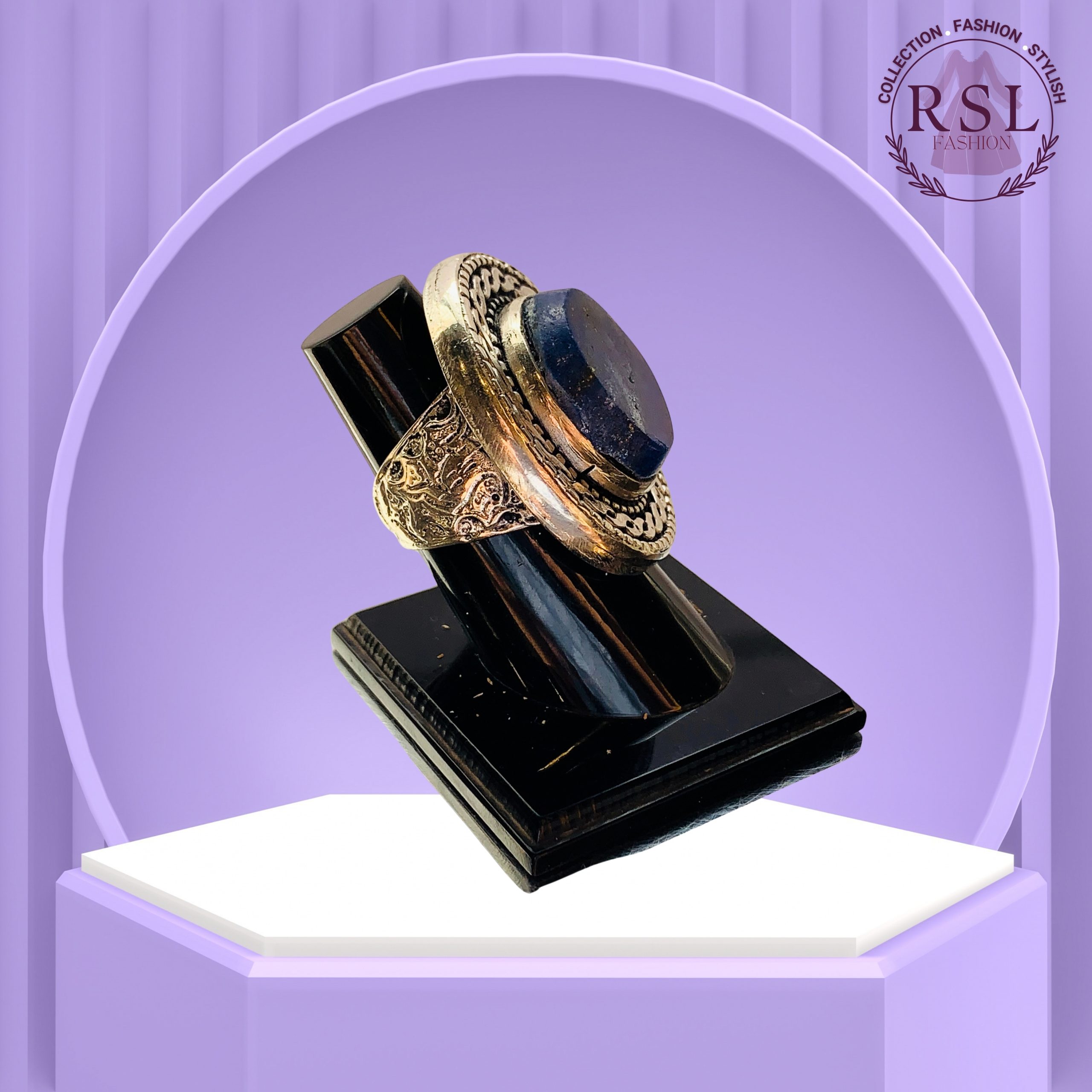 Lapis Lazuli Round Afghan Ring with Wide Antique Gold Frame