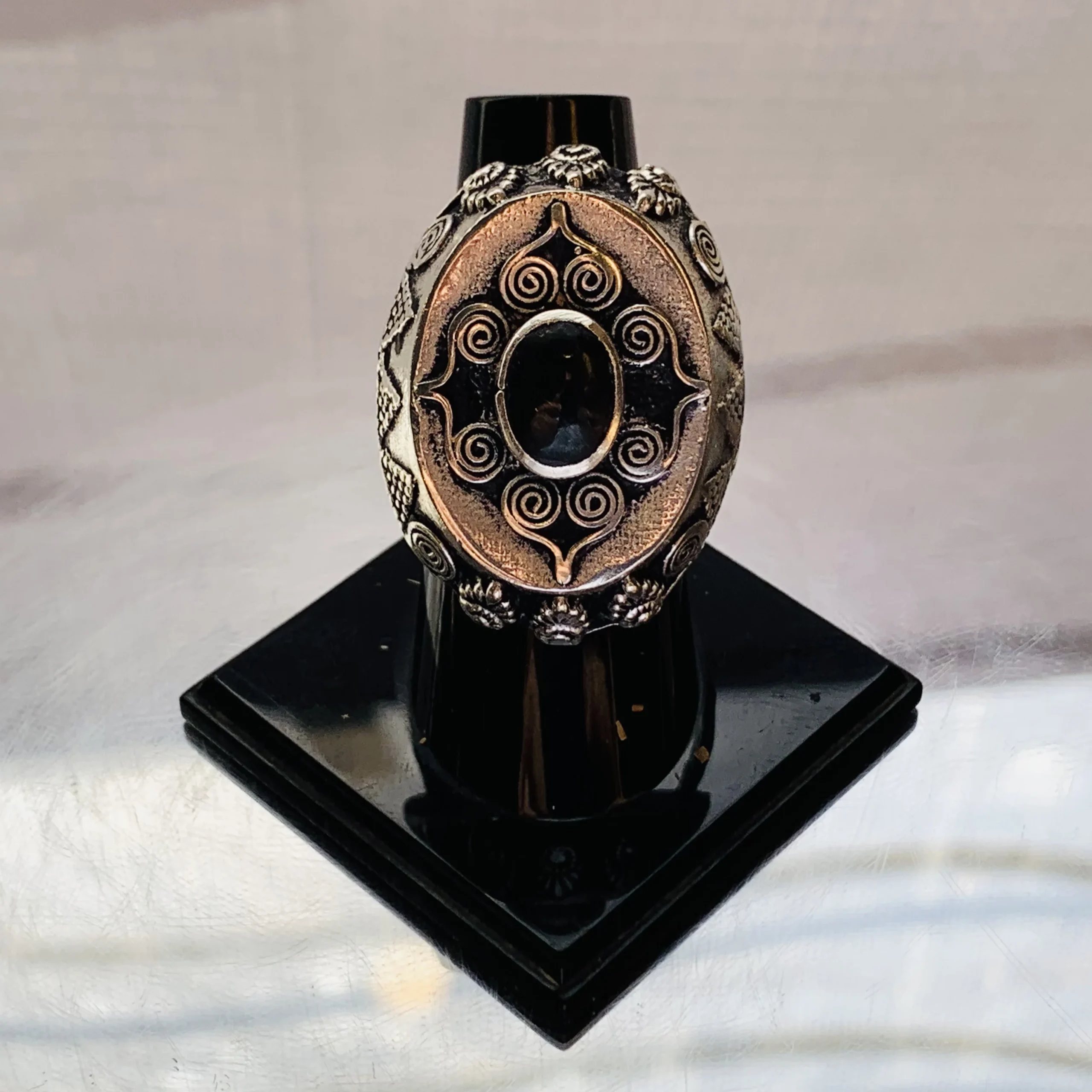 Small Black Oval Afghan Ring with Antique Spiral Floral Frame - Image 3