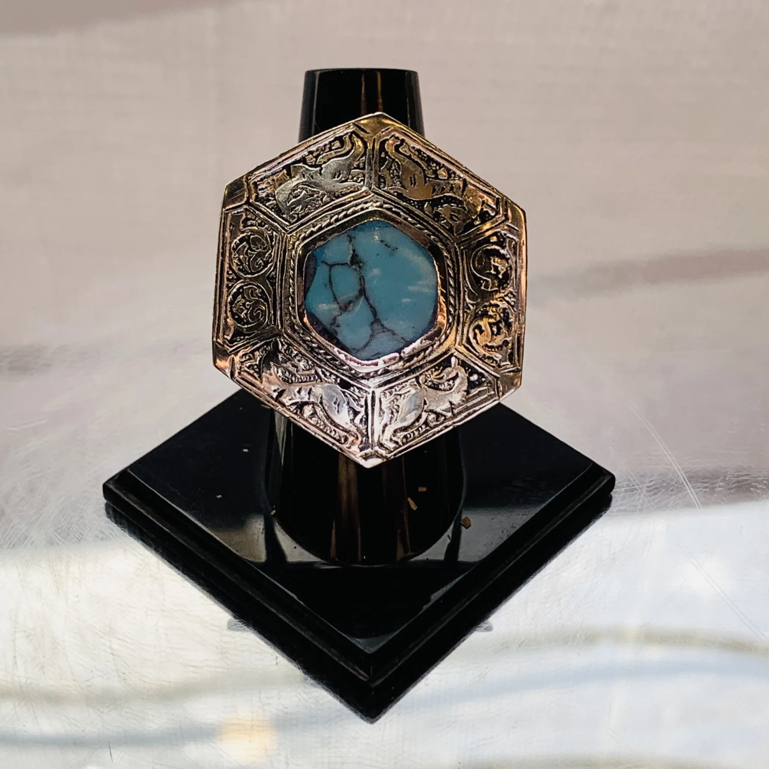 Turquoise Octagon Afghan Ring - Image 3