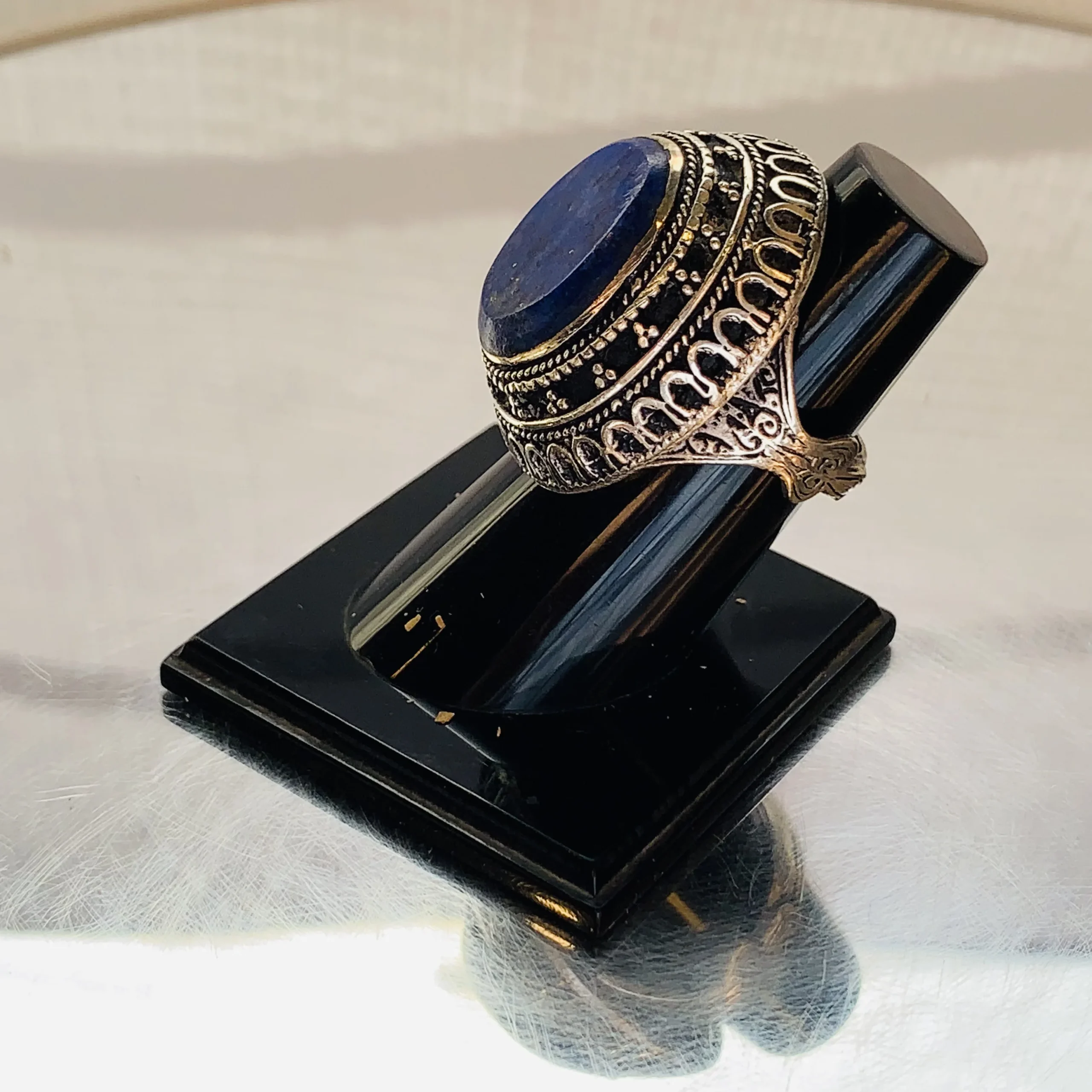 Lapis Lazuli Round Afghan Ring with Wide Antique Gold Frame - Image 2