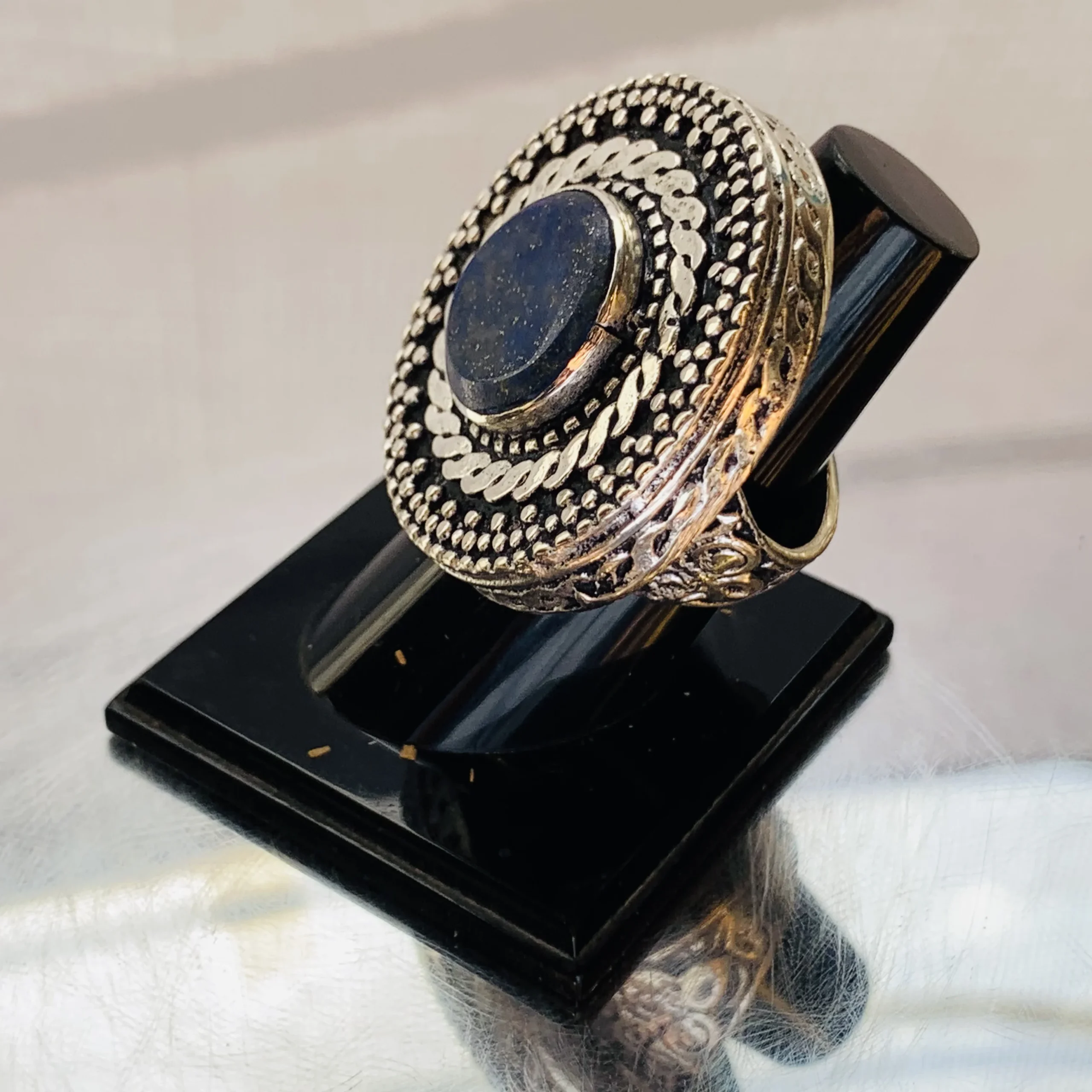 Lapis Blue Round Afghan Ring with Triple Frame - Image 3