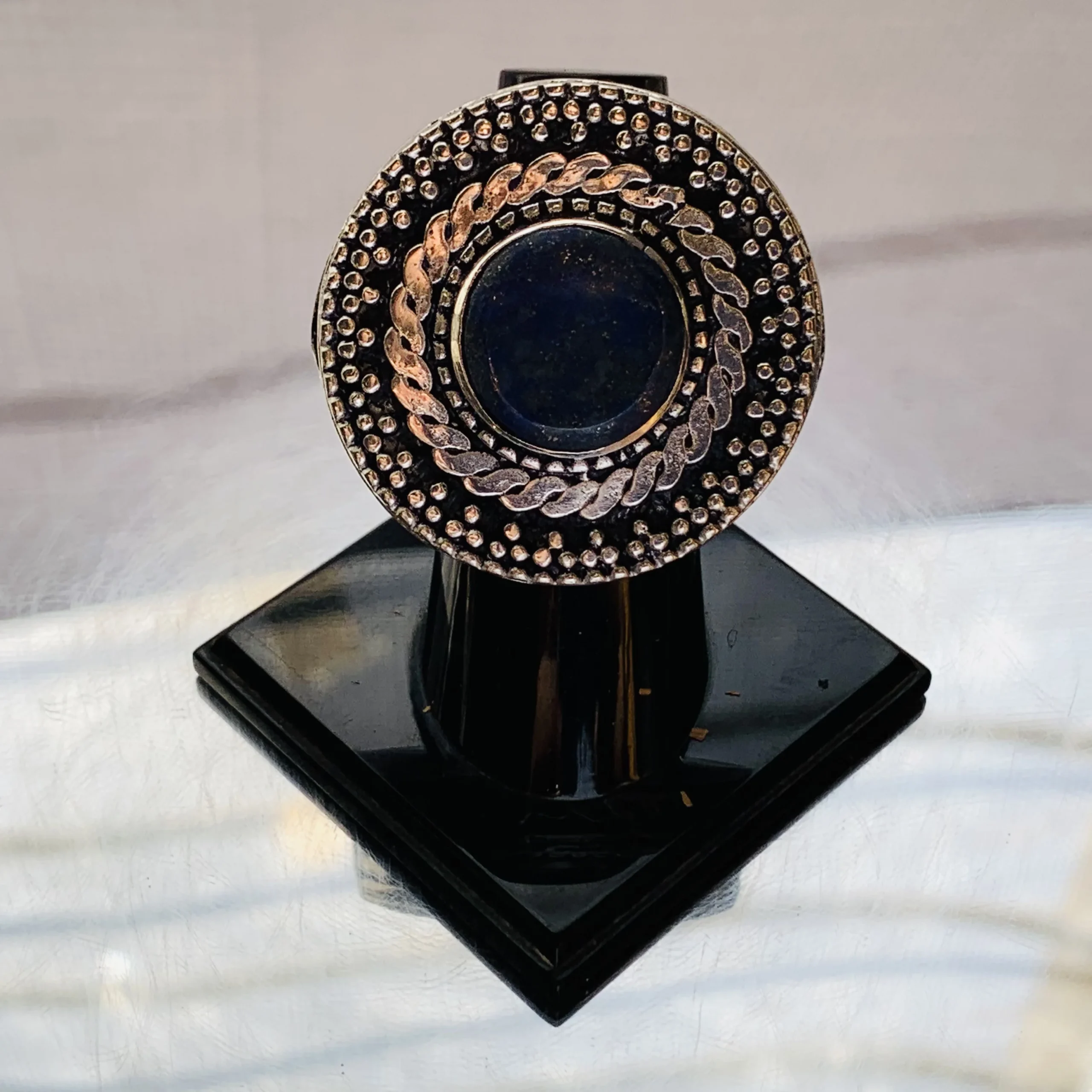Lapis Blue Round Afghan Ring with Triple Frame - Image 4