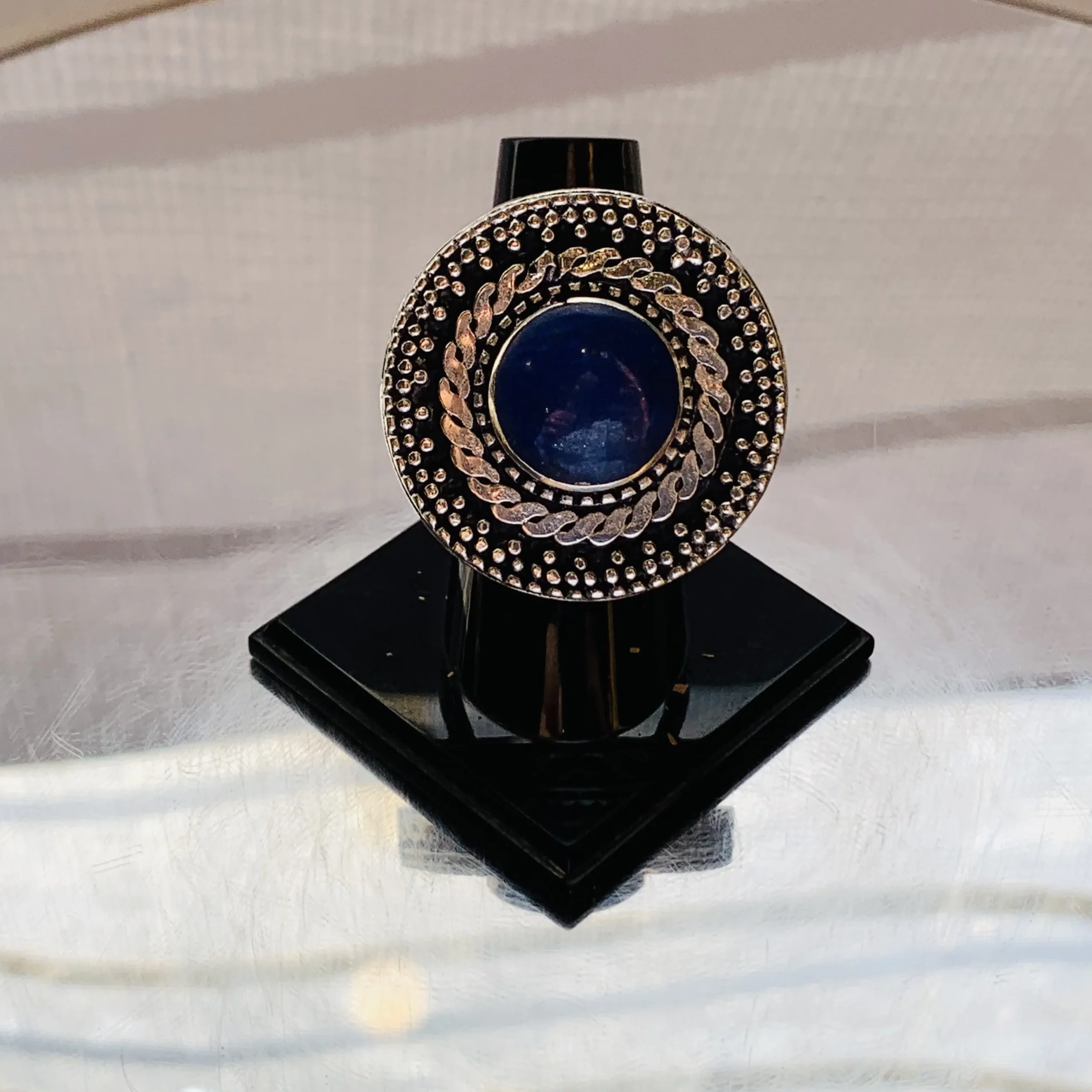 Dark Blue Round Afghan Ring with Antique Dotted Frame - Image 2