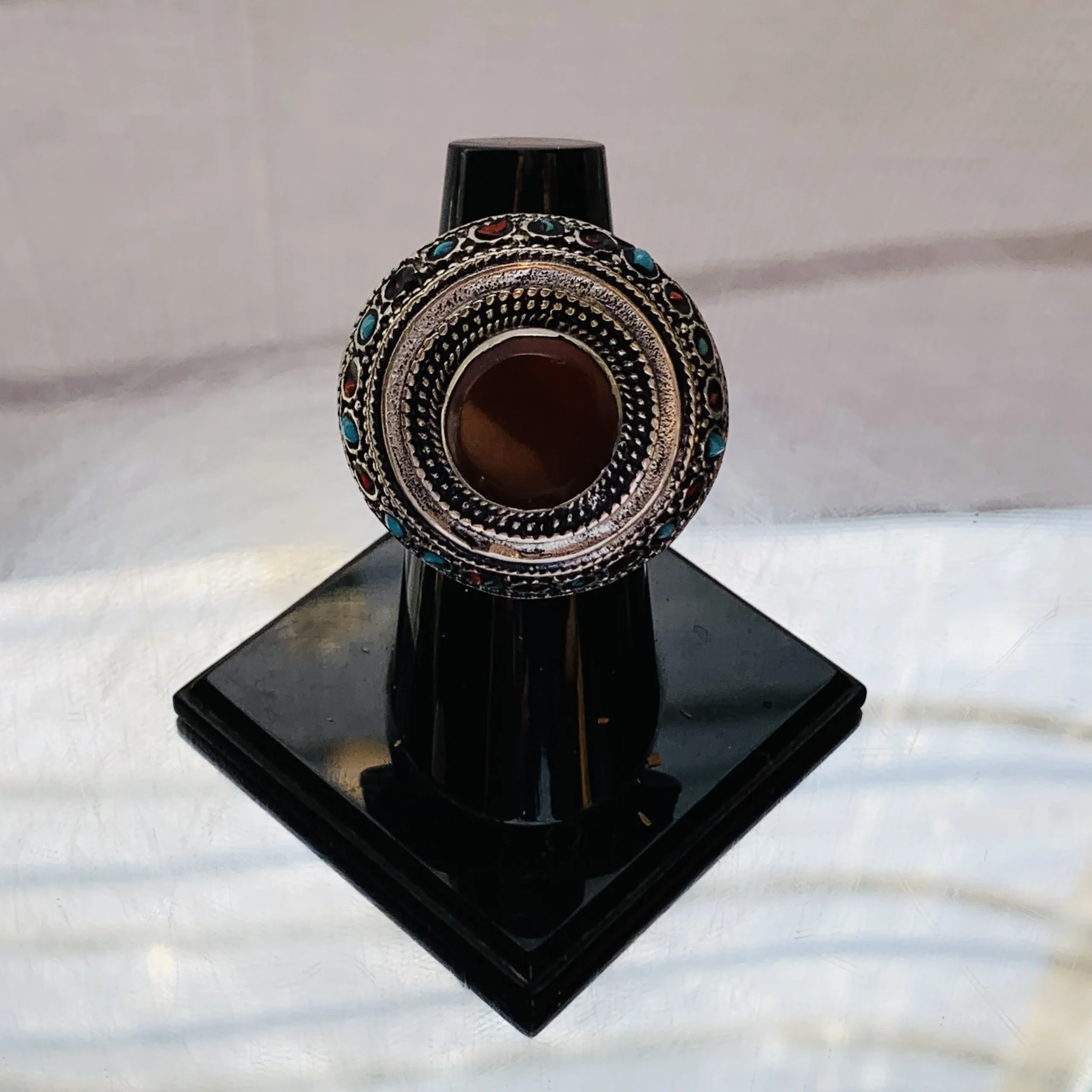 Brown Round Afghan Ring Antique Frame with Multicolor Inlays - Image 2