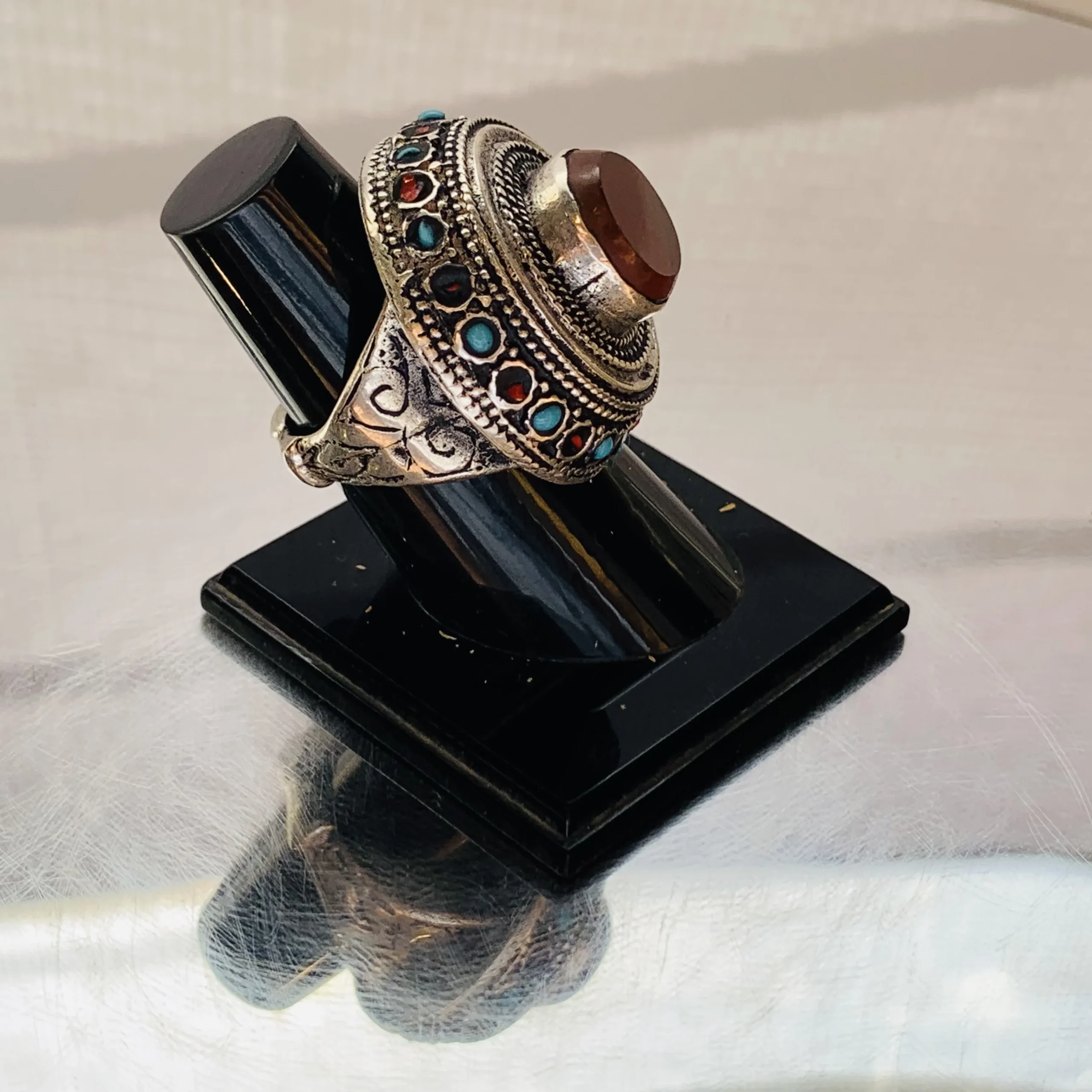 Brown Round Afghan Ring Antique Frame with Multicolor Inlays - Image 3