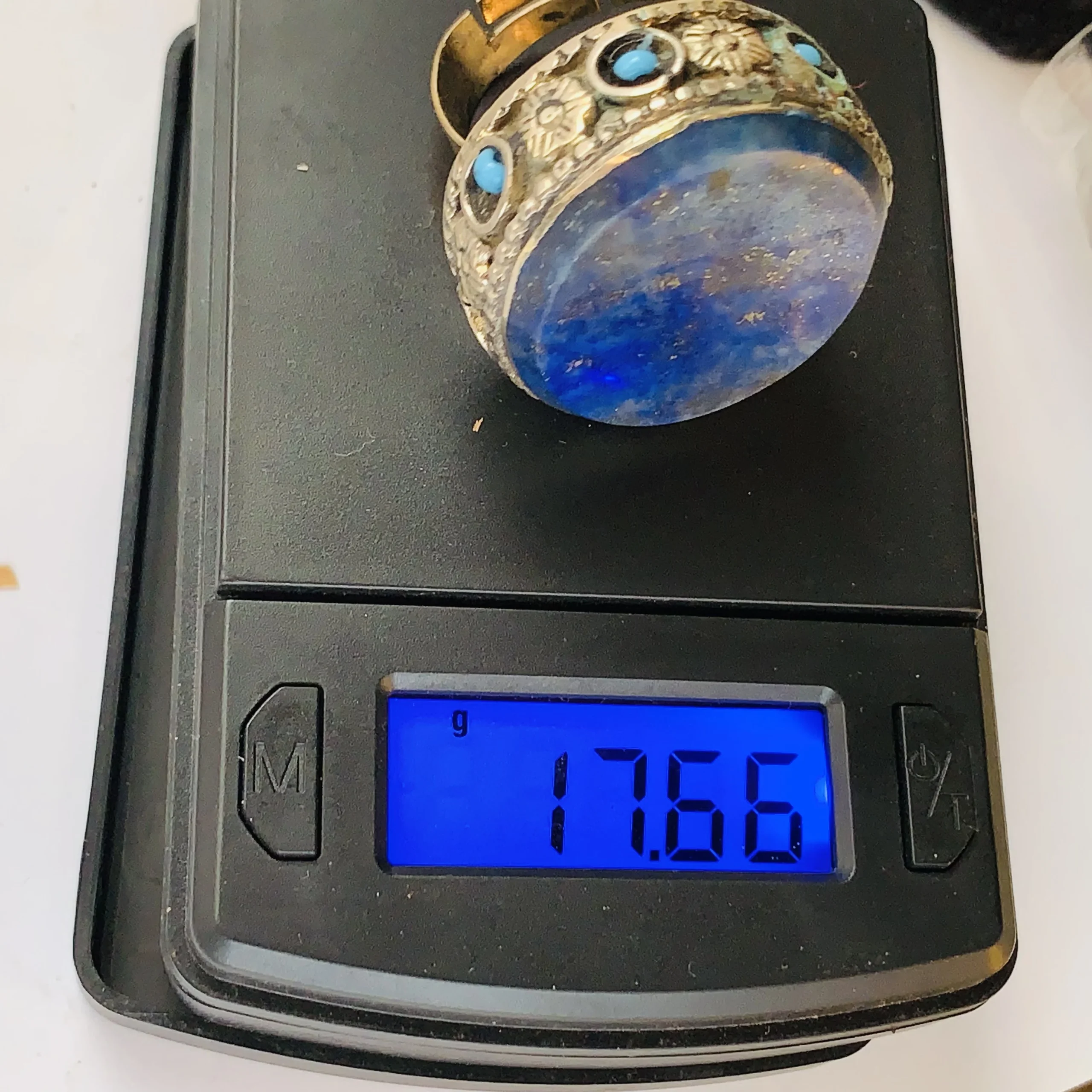 Dark Blue Round Afghan Ring with Turquoise Inlay Frame - Image 5