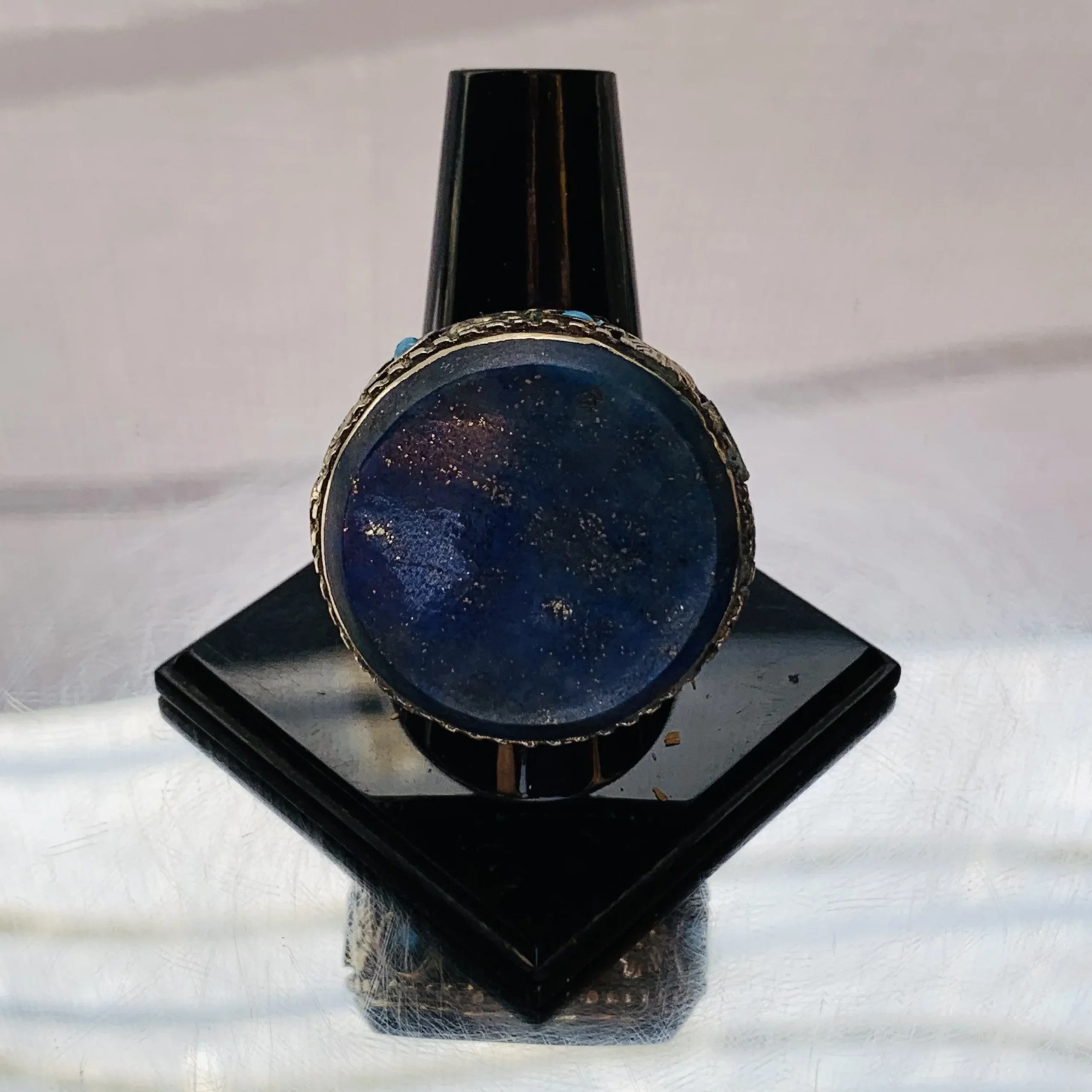 Dark Blue Round Afghan Ring with Turquoise Inlay Frame - Image 2