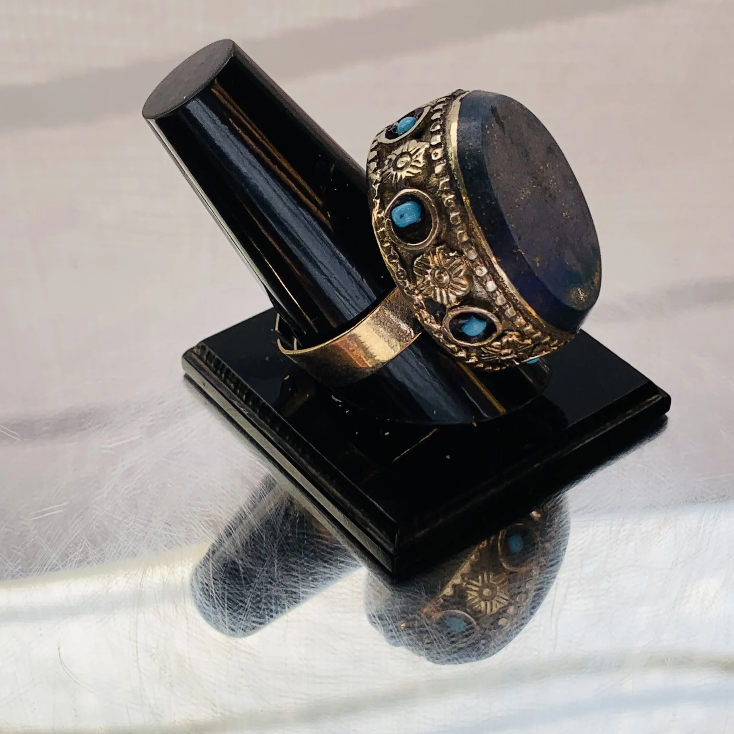 Dark Blue Round Afghan Ring with Turquoise Inlay Frame - Image 4