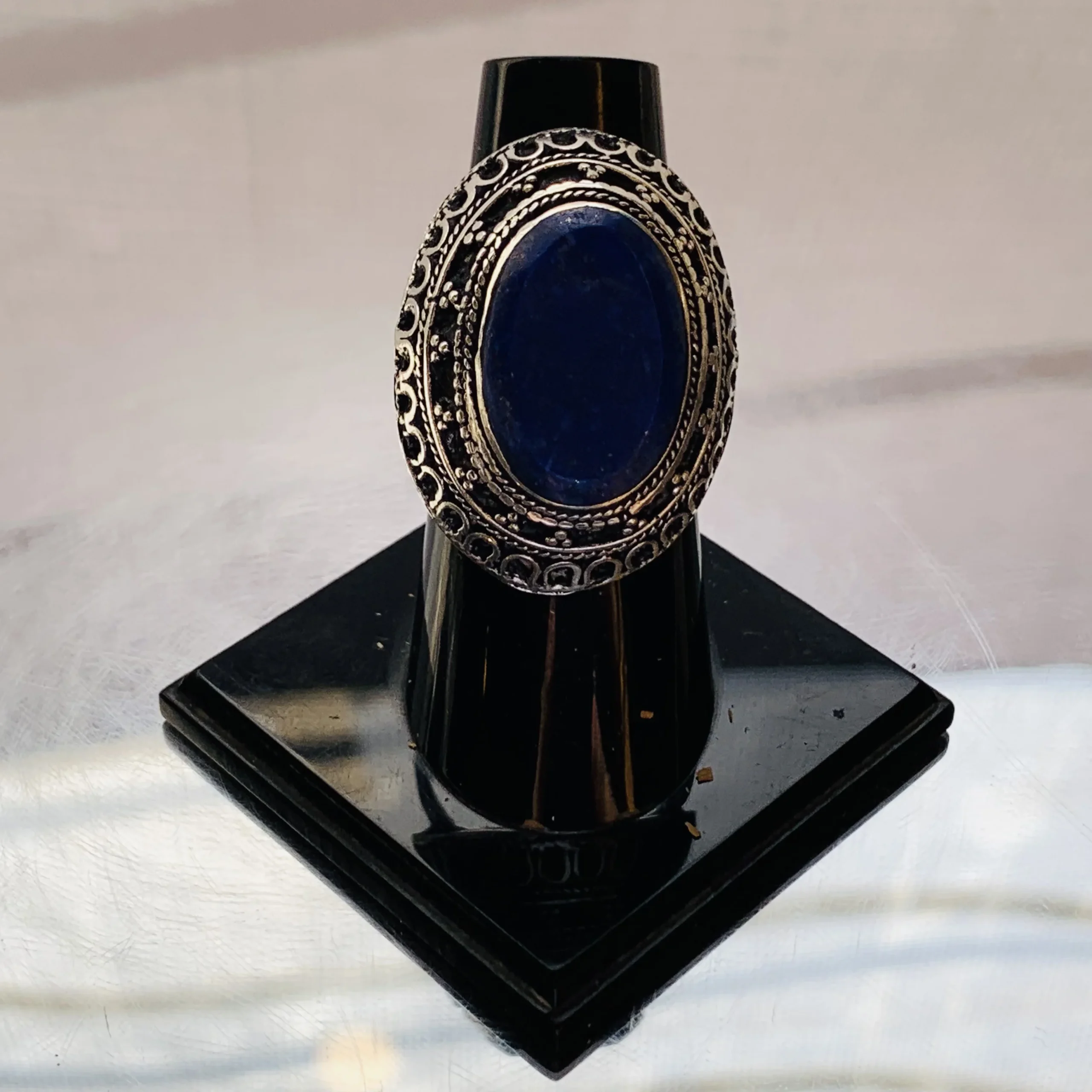 Dark Blue Oval Afghan Ring with Antique Textured Frame - Image 2
