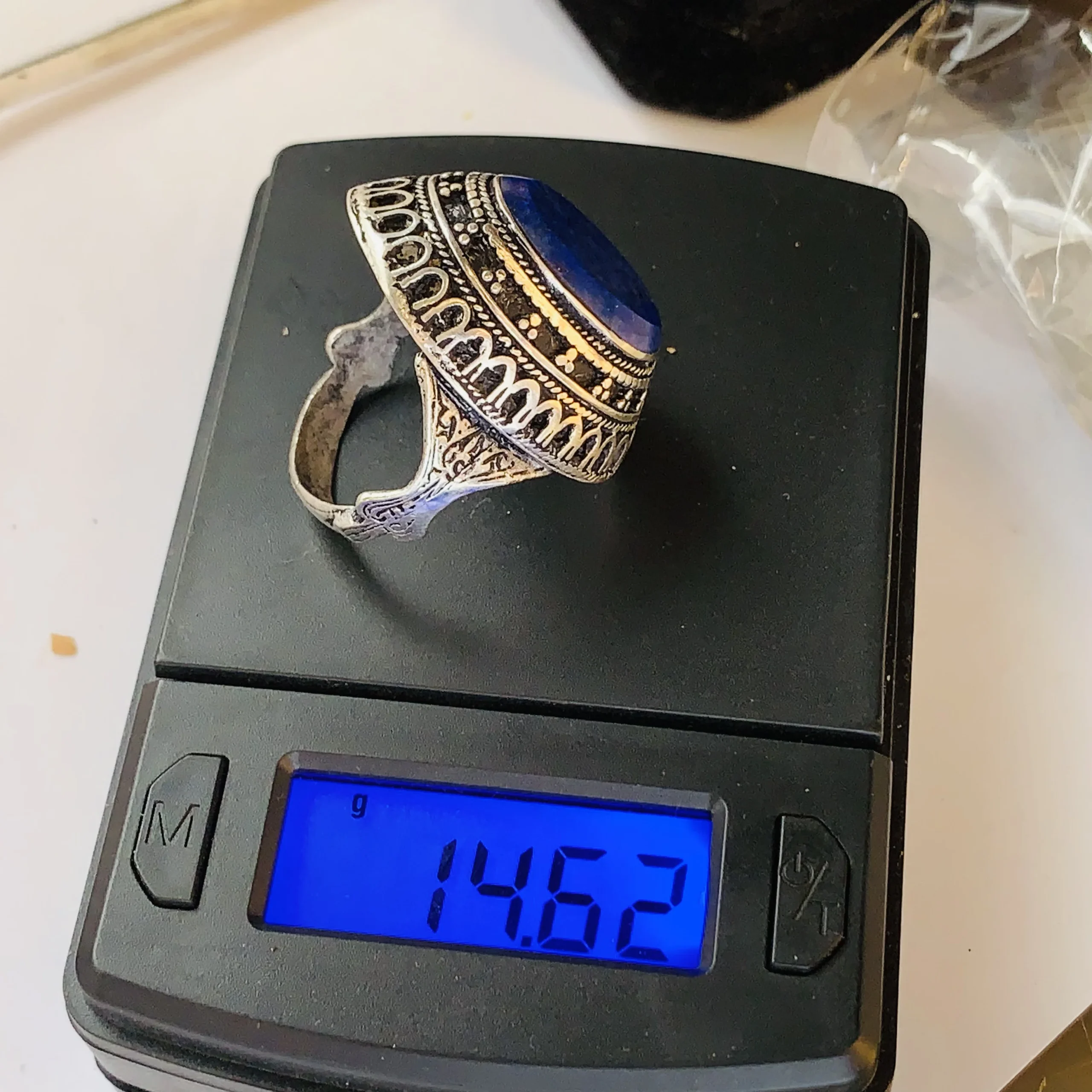 Dark Blue Oval Afghan Ring with Antique Textured Frame - Image 4