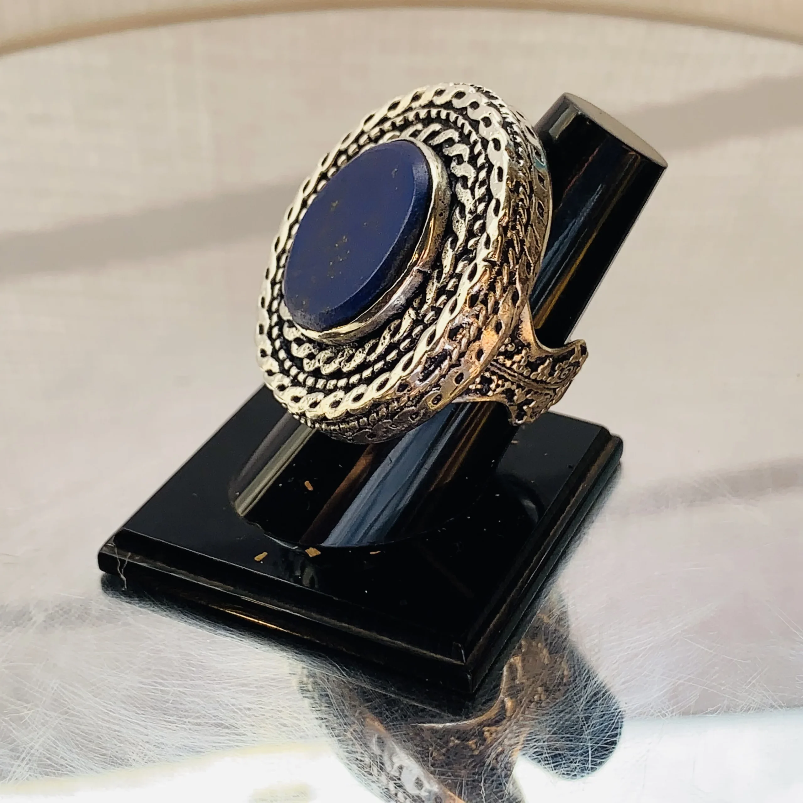 Antique Braided Double‑Frame Dark‑Blue Round Afghan Ring - Image 3