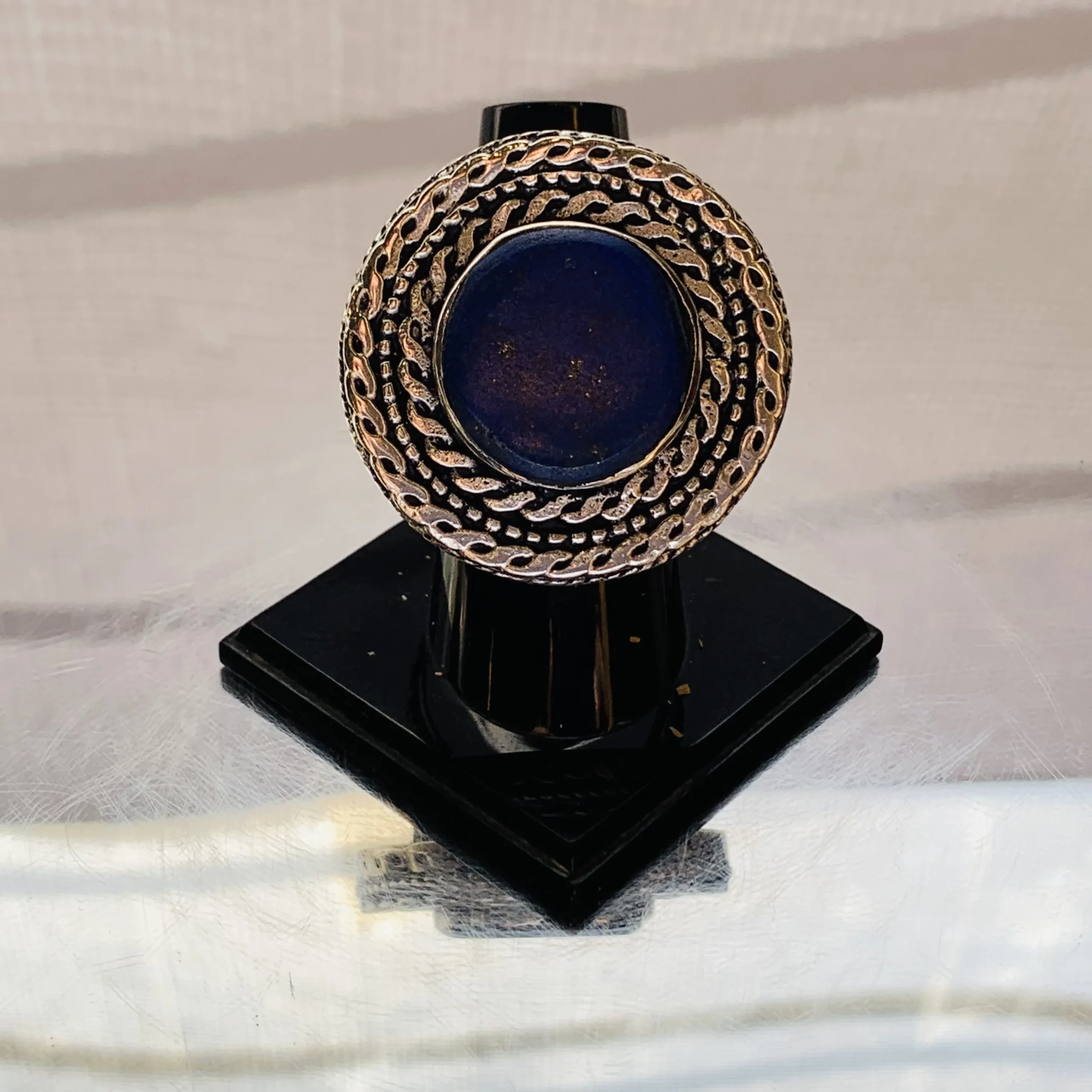 Antique Braided Double‑Frame Dark‑Blue Round Afghan Ring - Image 2