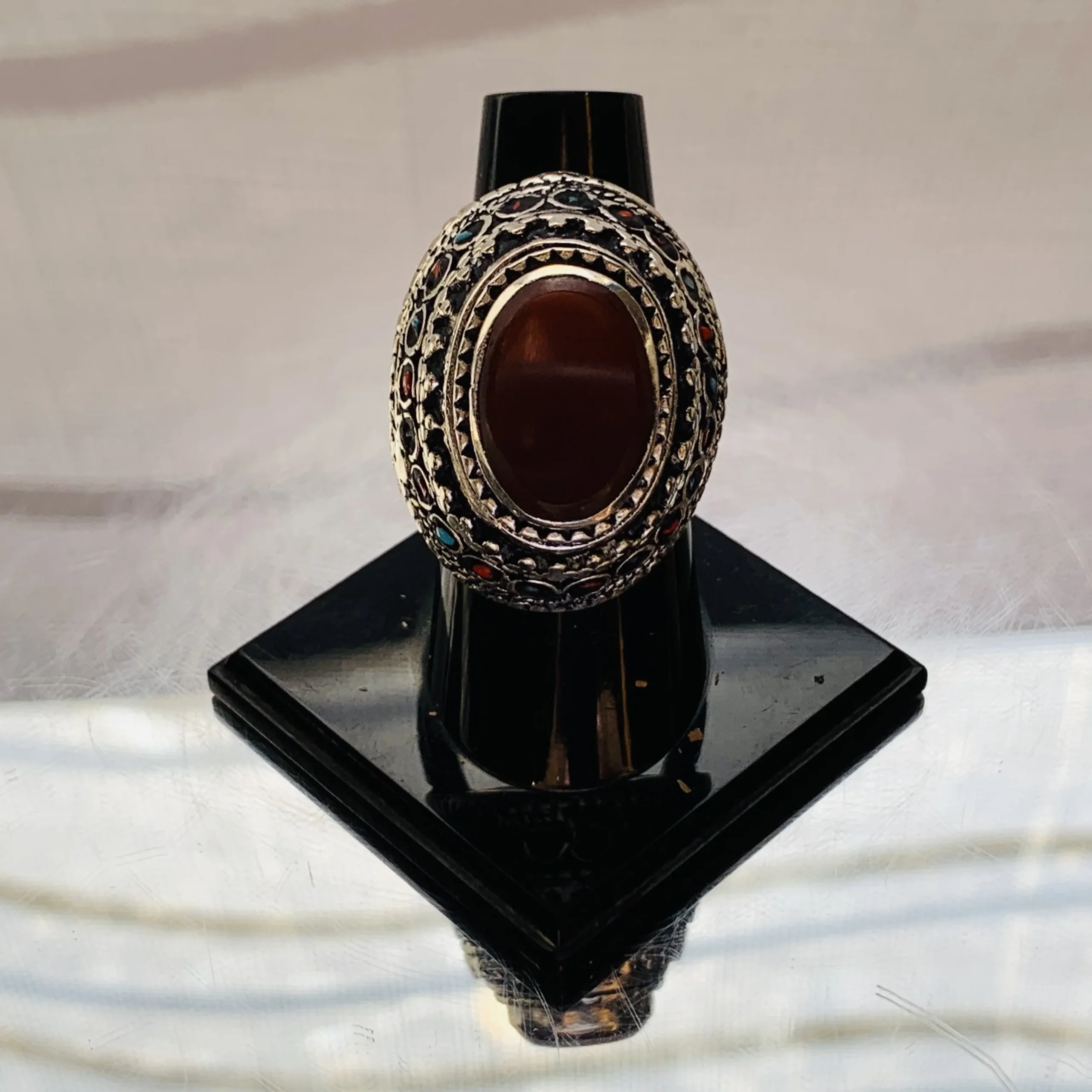 Carnelian Oval Kuchi Ring with Tribal Multistone Frame - Image 3