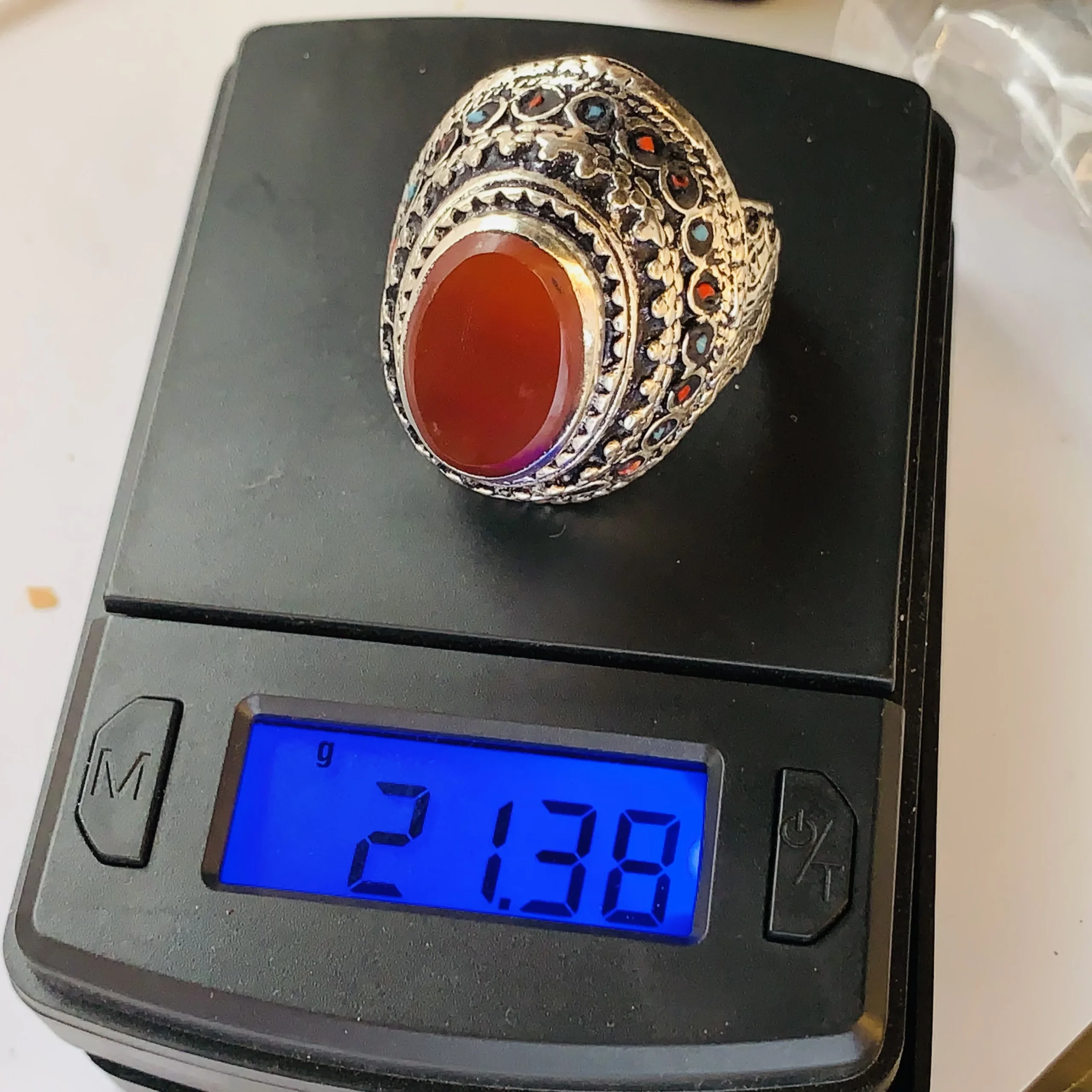 Carnelian Oval Kuchi Ring with Tribal Multistone Frame - Image 2