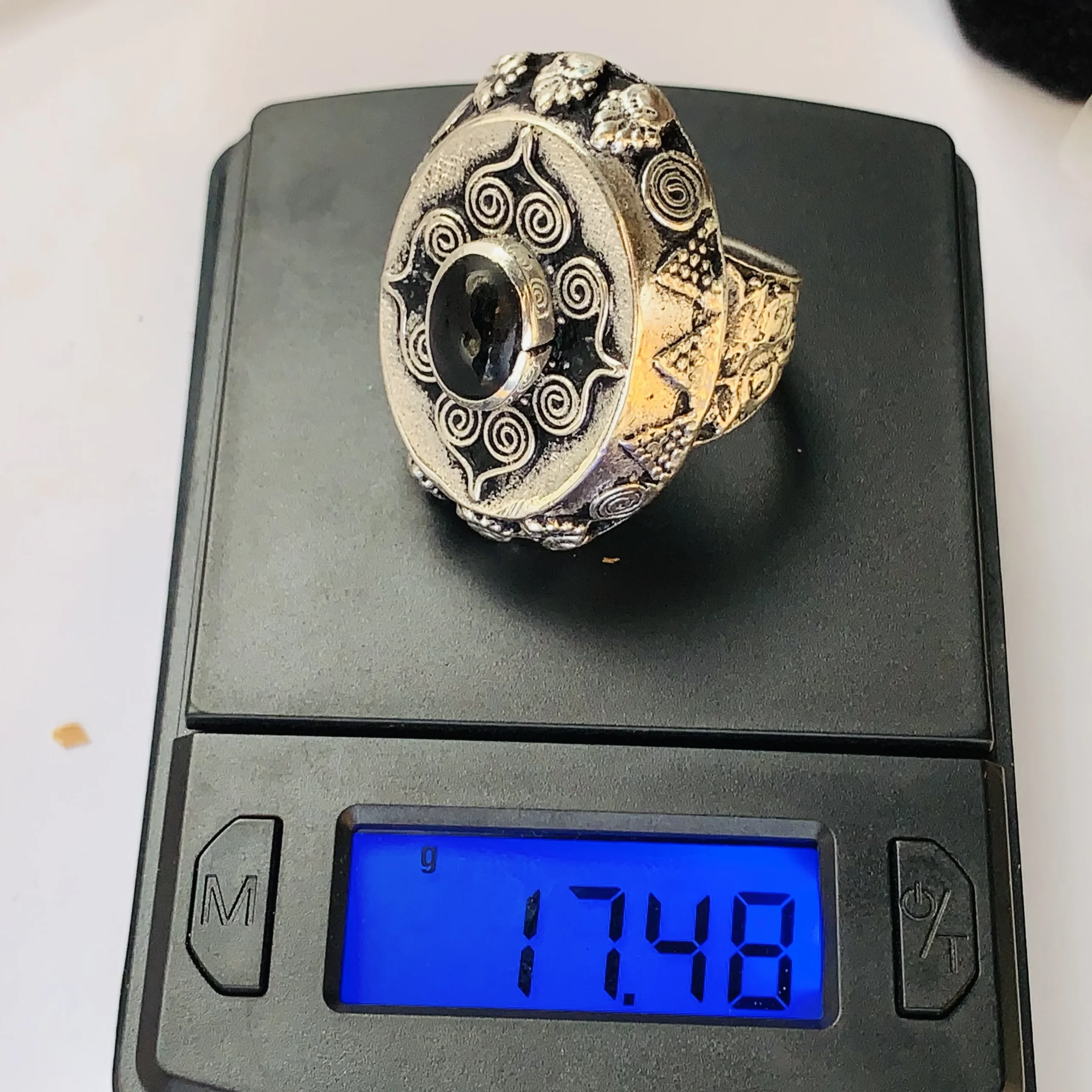 Black Oval Afghan Ring with Antique Silver Spiral Frame - Image 2
