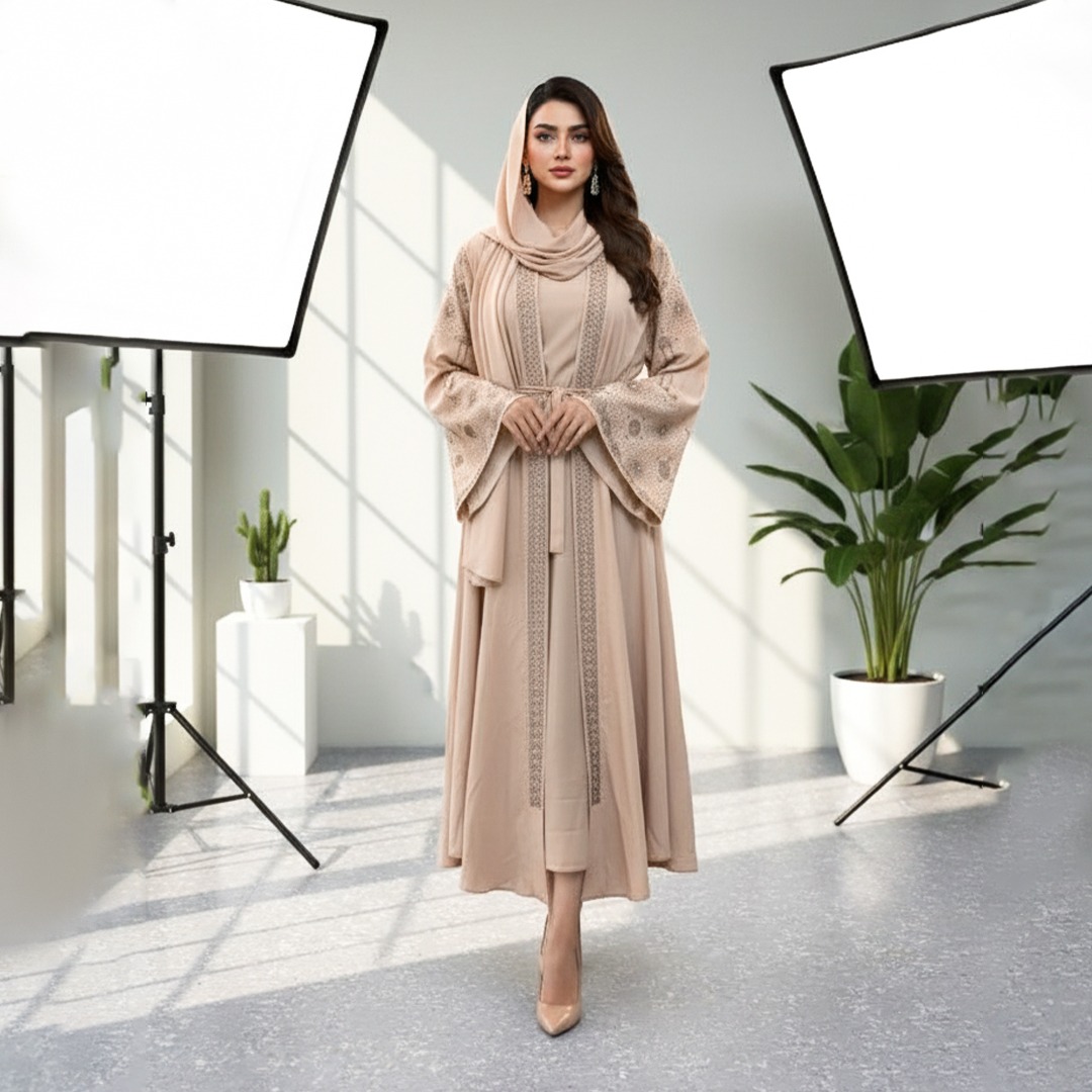 Embroidered Beige Abaya with Belt & Hooded Hijab