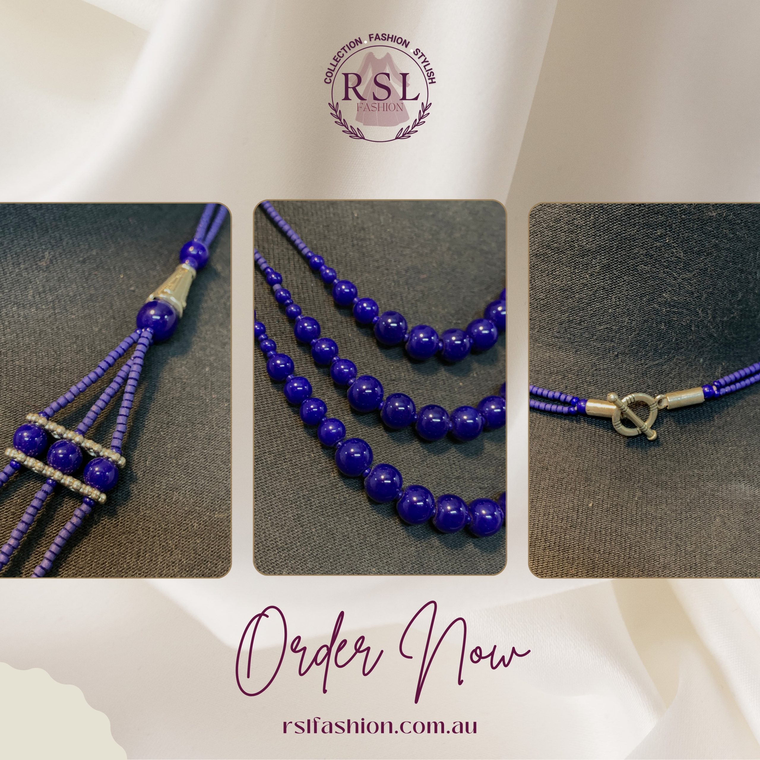 Dark Blue Beaded Necklace 3 Lines