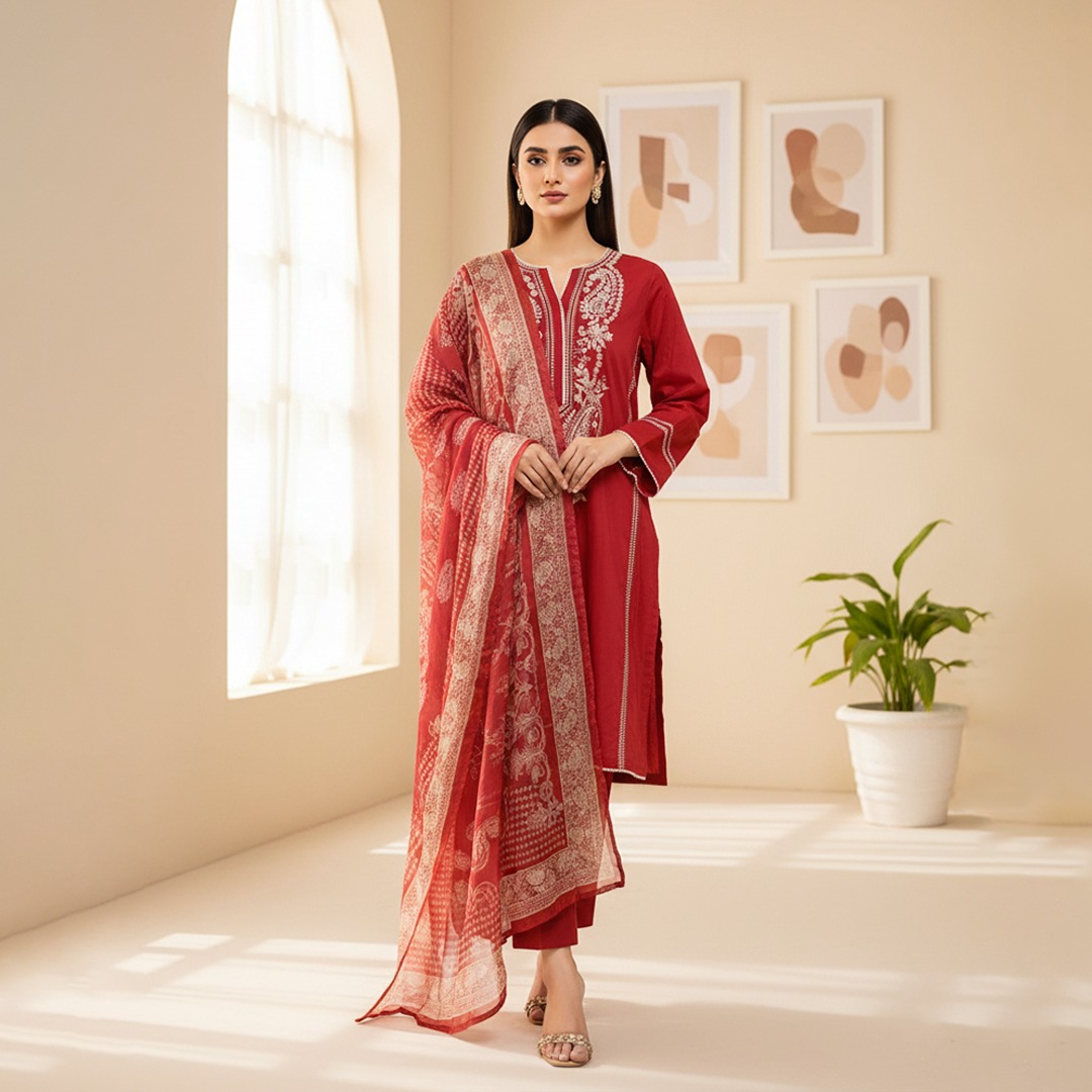 Maroon Heirloom – J. Festive Embroidered 3-Piece Set