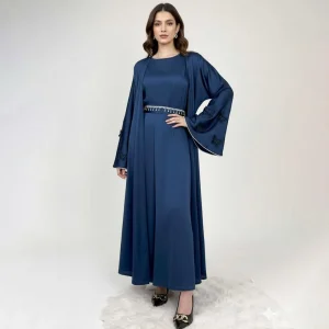 Midnight Navy Crystal Belt Open Abaya