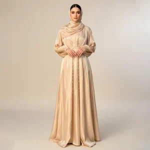 Champagne Pearl-Button Satin Abaya