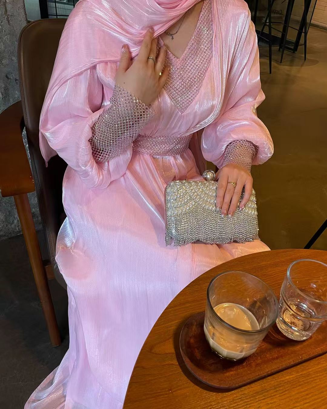 Blush Pink Shimmer Embellished Abaya - Image 3