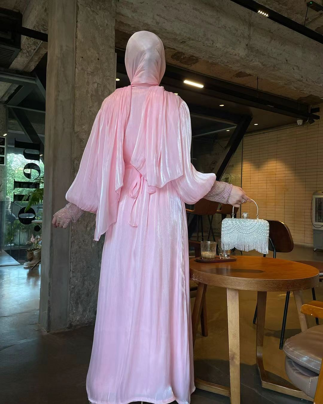 Blush Pink Shimmer Embellished Abaya - Image 4