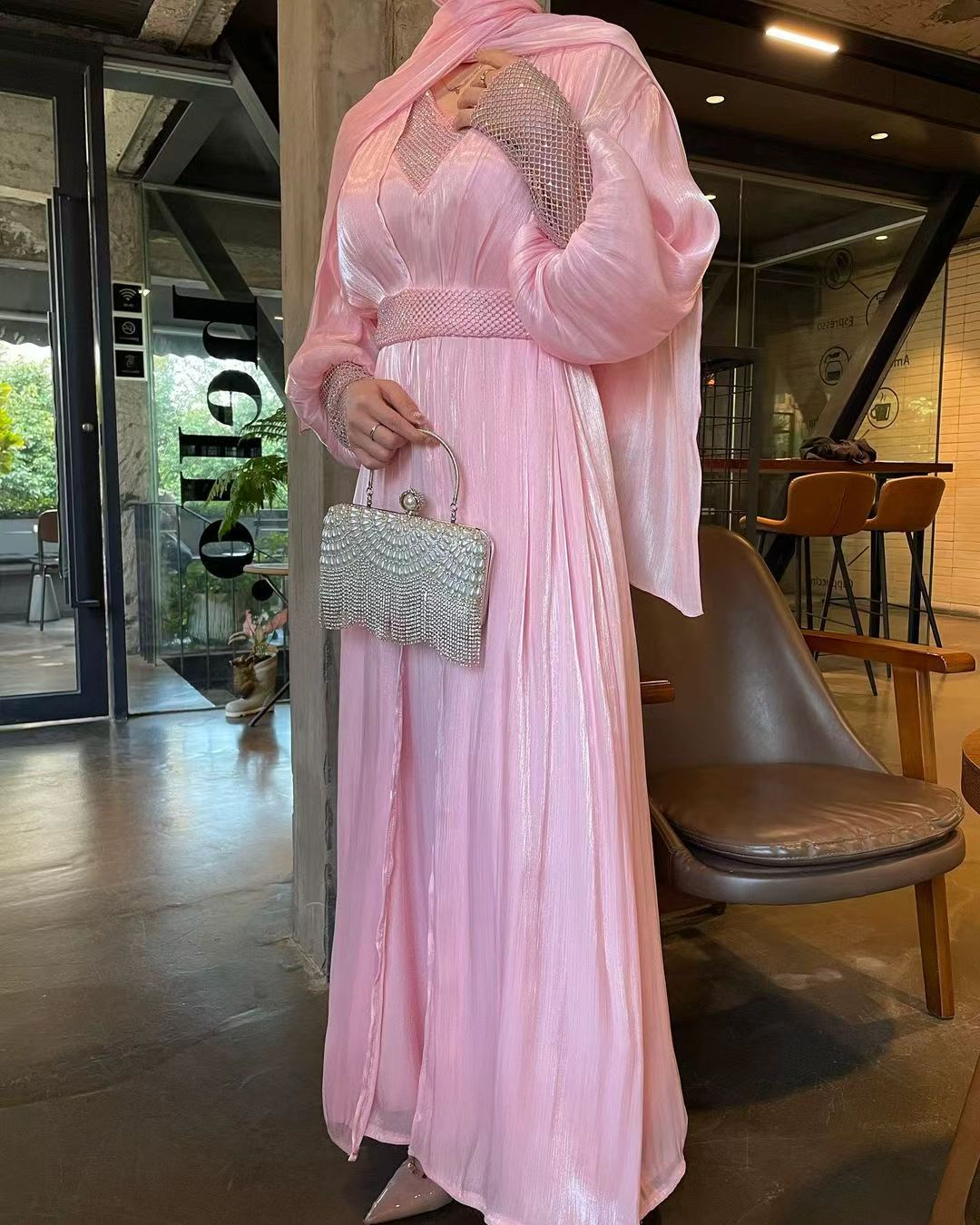 Blush Pink Shimmer Embellished Abaya - Image 2